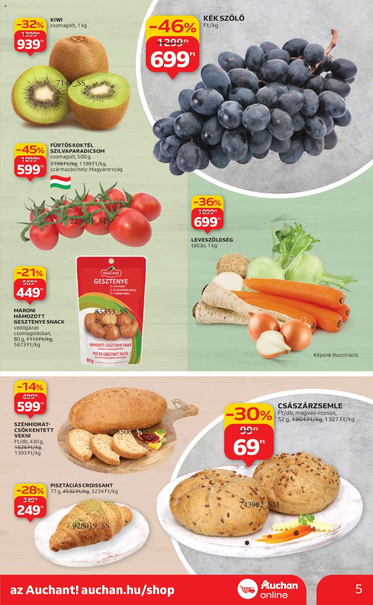Auchan akciós ujság - amely érvényes a következő dátumtól: 30.10.2025 | Oldal: 5 | Termékek: Szőlő, Croissant, Császárzsemle, Kiwi