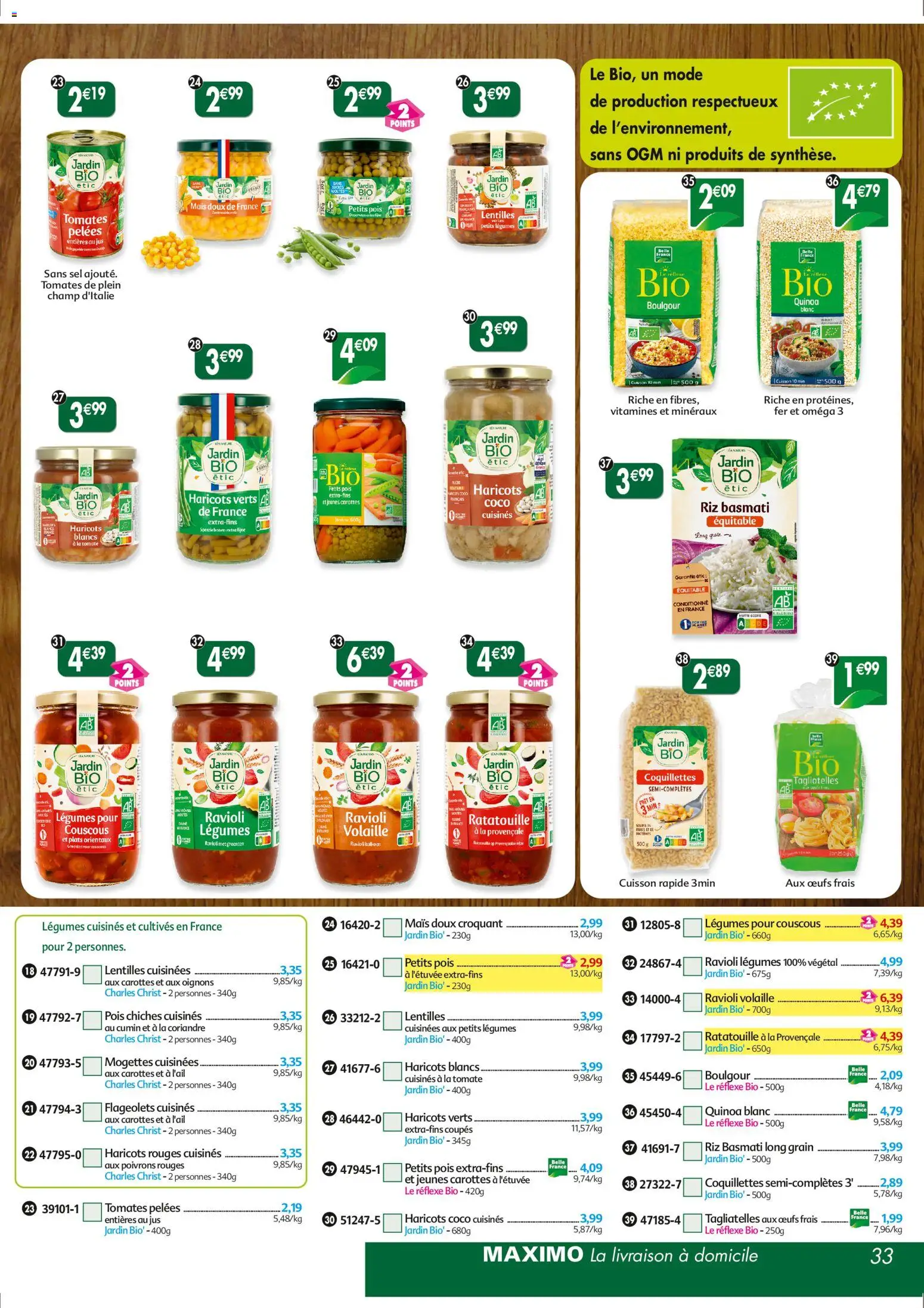 {H1} | Page: 33 | Produits: Haricots rouges, Quinoa, Pois, Jus