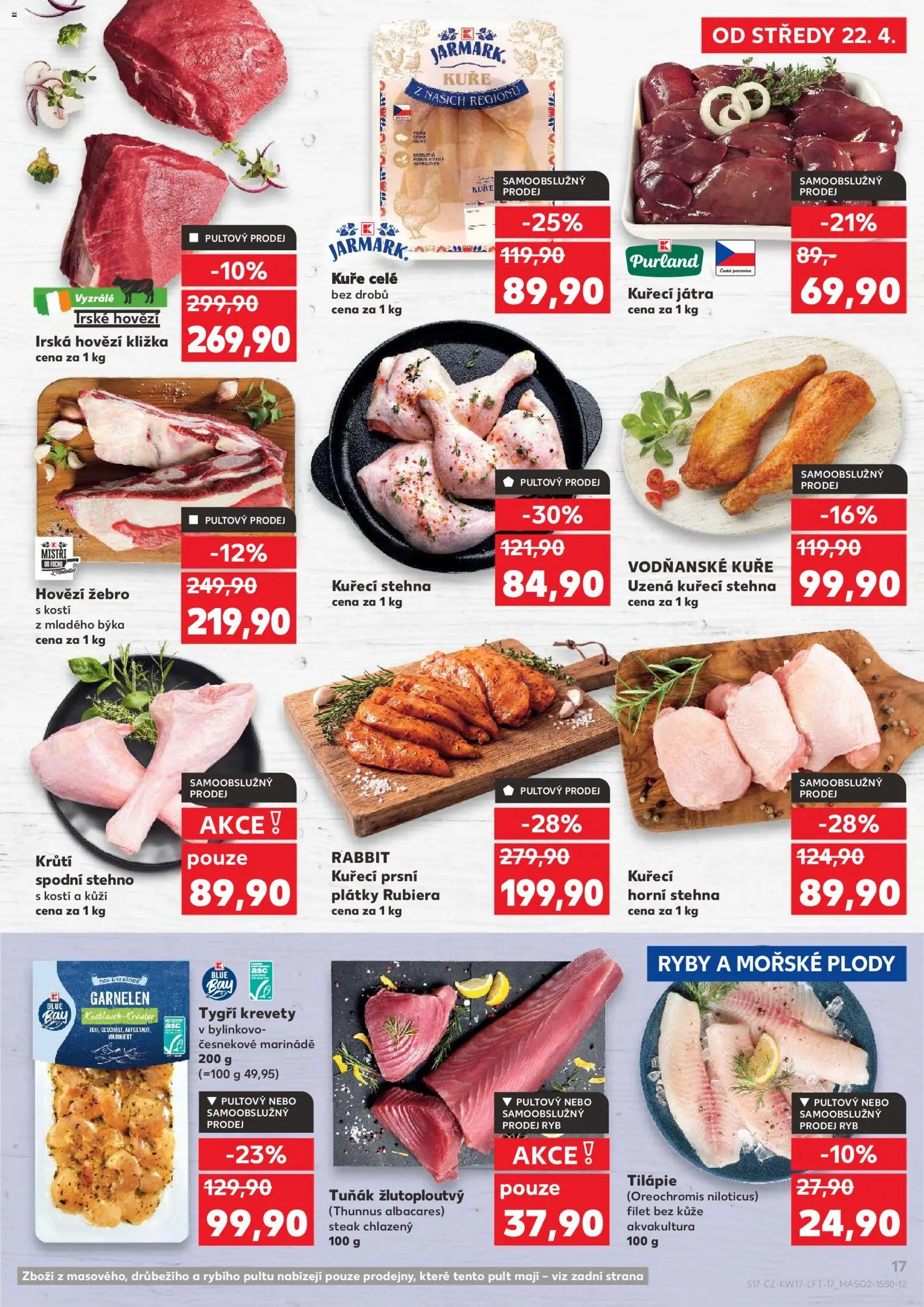 Kaufland leták od 22.04.2026 | Strana: 17 | Produkty: Uzená kuřecí stehna, Irské hovězí, Filet, Kuřecí stehna uzená