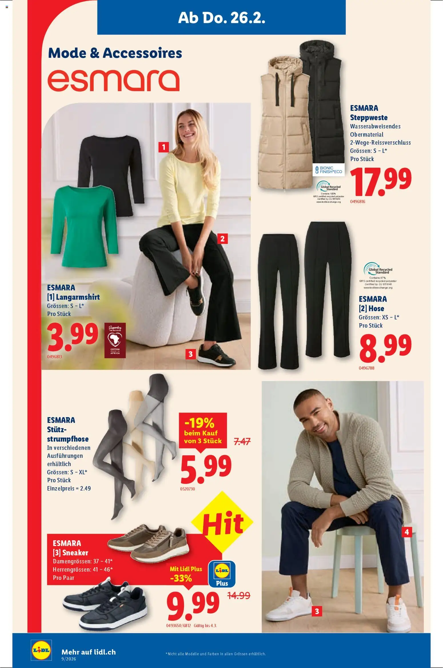 Lidl Aktionen – gültig ab 26.02.2026 | Seite: 28 | Produkte: Steppweste, Hose, Strumpfhose, Langarmshirt