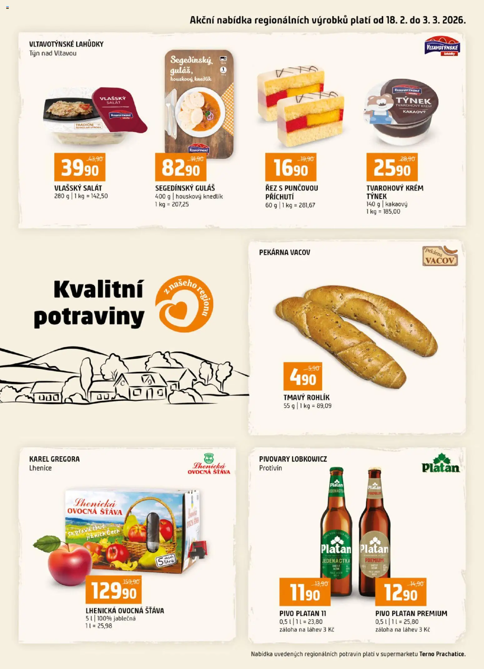 Terno leták - Prachatice od 18.02.2026 | Strana: 16 | Produkty: Rohlík, Krém, Guláš, Pivo Platan