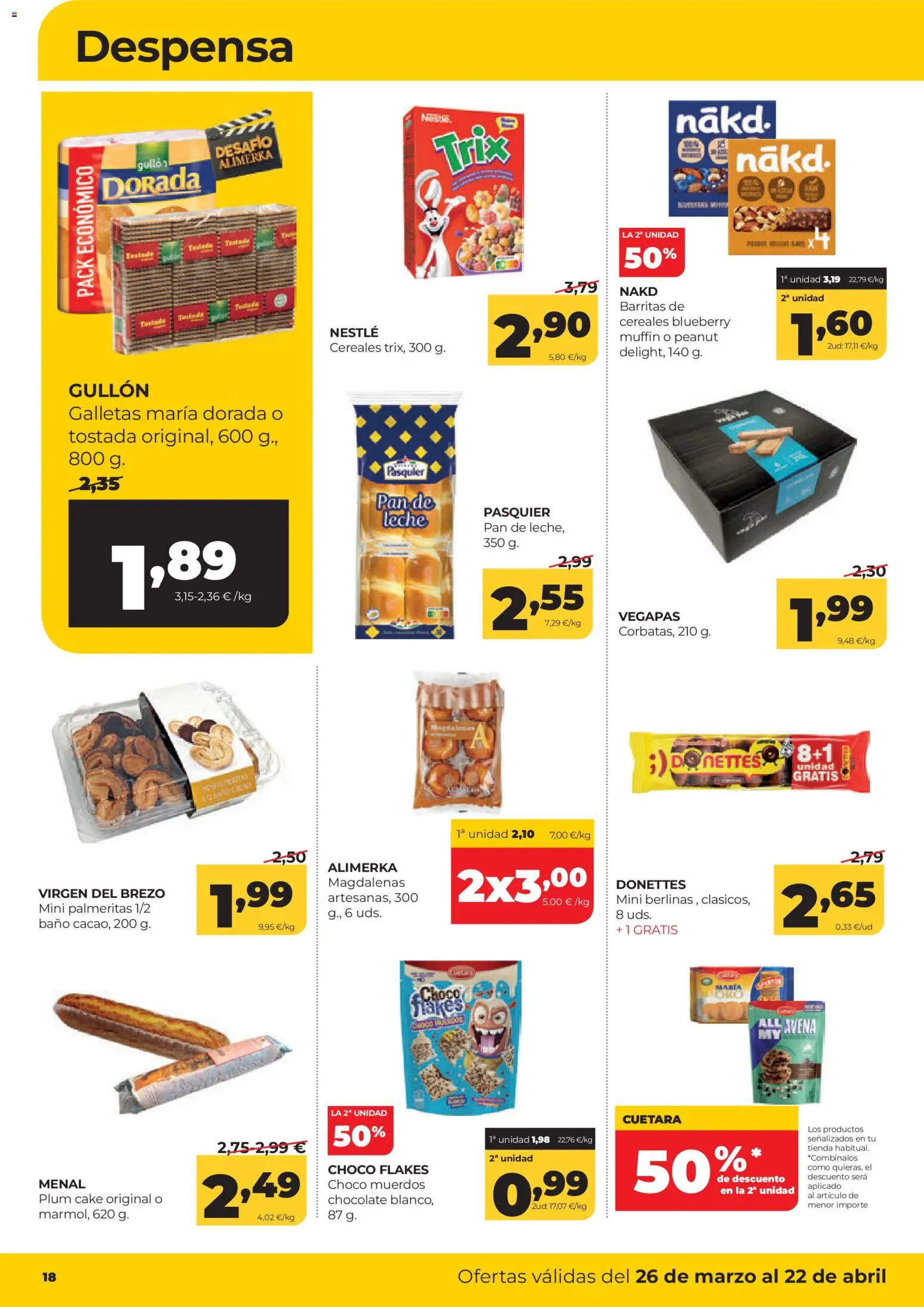 Alimerka Mensual del 26 de marzo al 22 de abril Castilla y León │ válido desde el 26.03.2026 | Página: 18 | Productos: Leche, Cereales, Galletas, Magdalenas