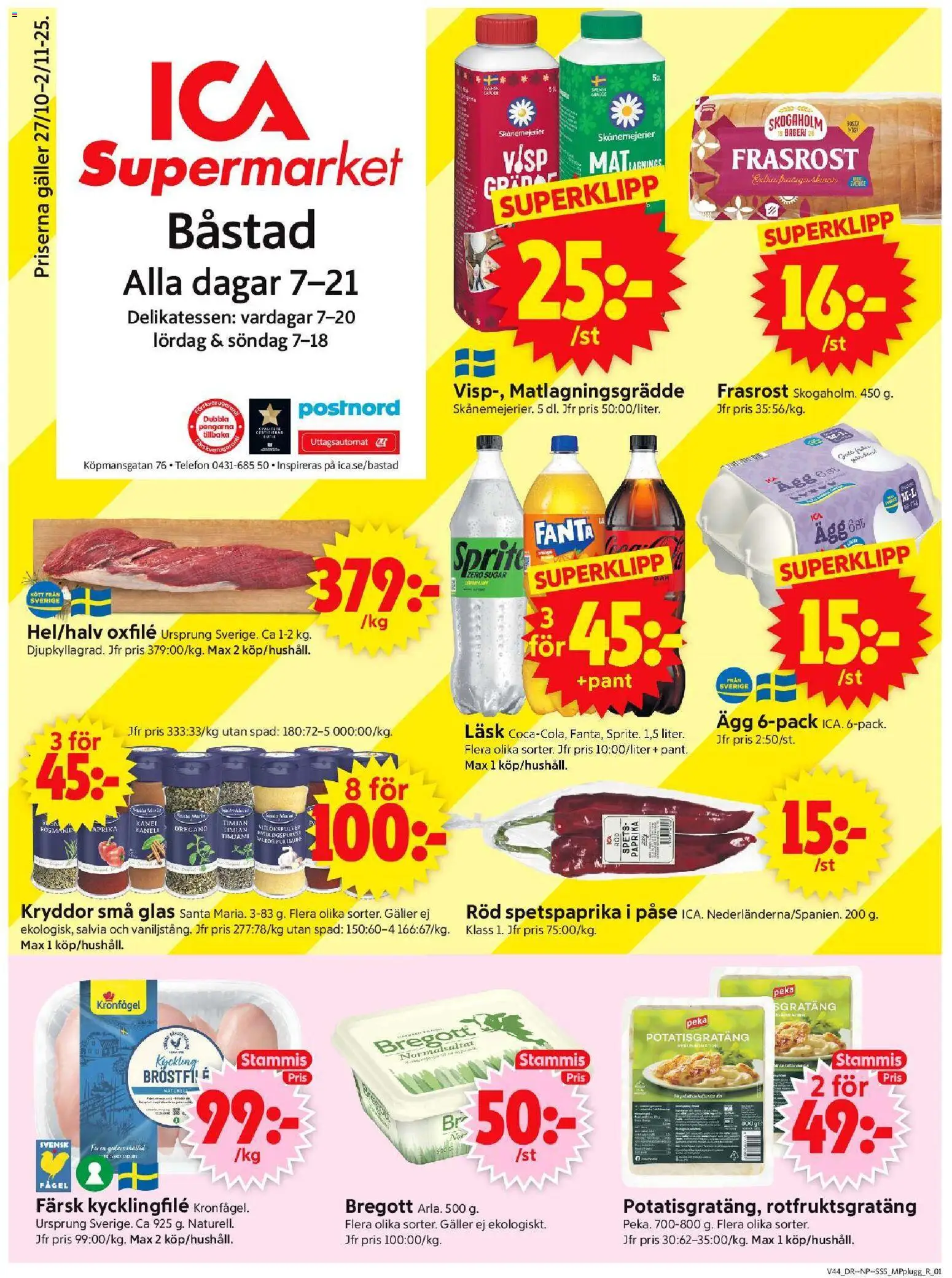 ICA Supermarket reklamblad aktuell från 27.10.2025 | Sida: 1 | Produkter: Visp, Ägg, Oxfilé, Telefon