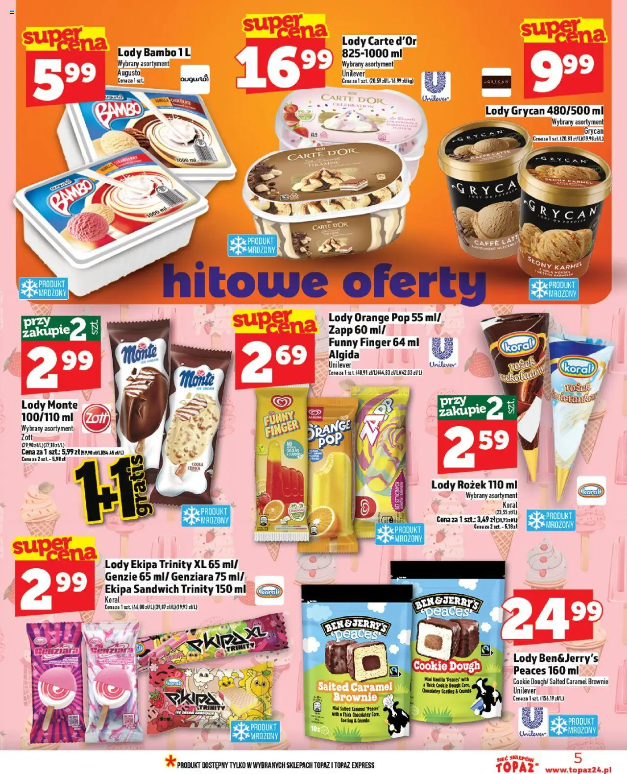 Topaz Gazetka - Ceny małe na stałe od 07.08.2025 | Strona: 5 | Produkty: Lody bambo, Lody Grycan, Tiramisu, Lody