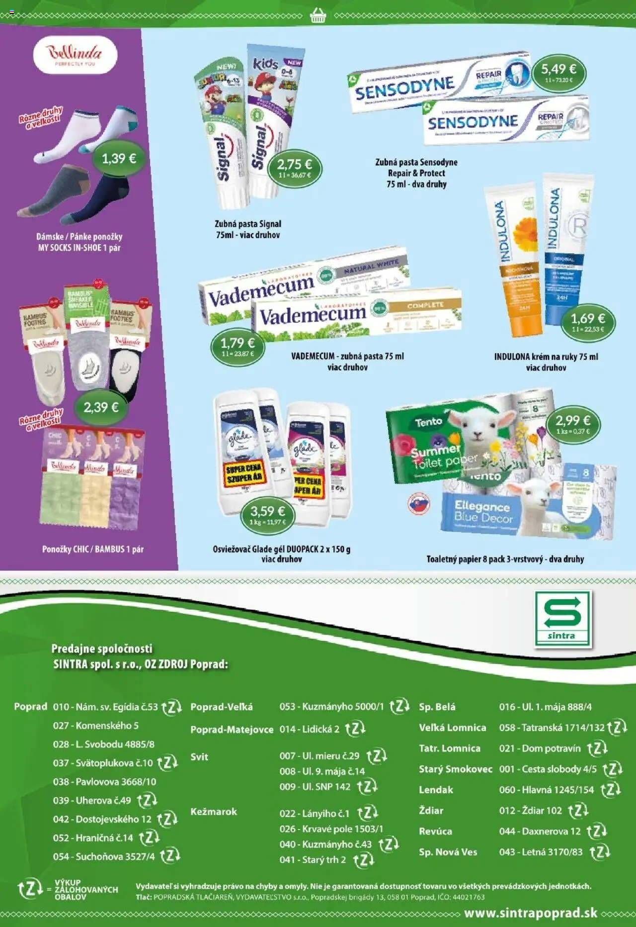 Sintra leták │ platný od 15.05.2025 | Strana: 10 | Produkty: Toaletný papier, Krém na ruky, Ponožky, Indulona
