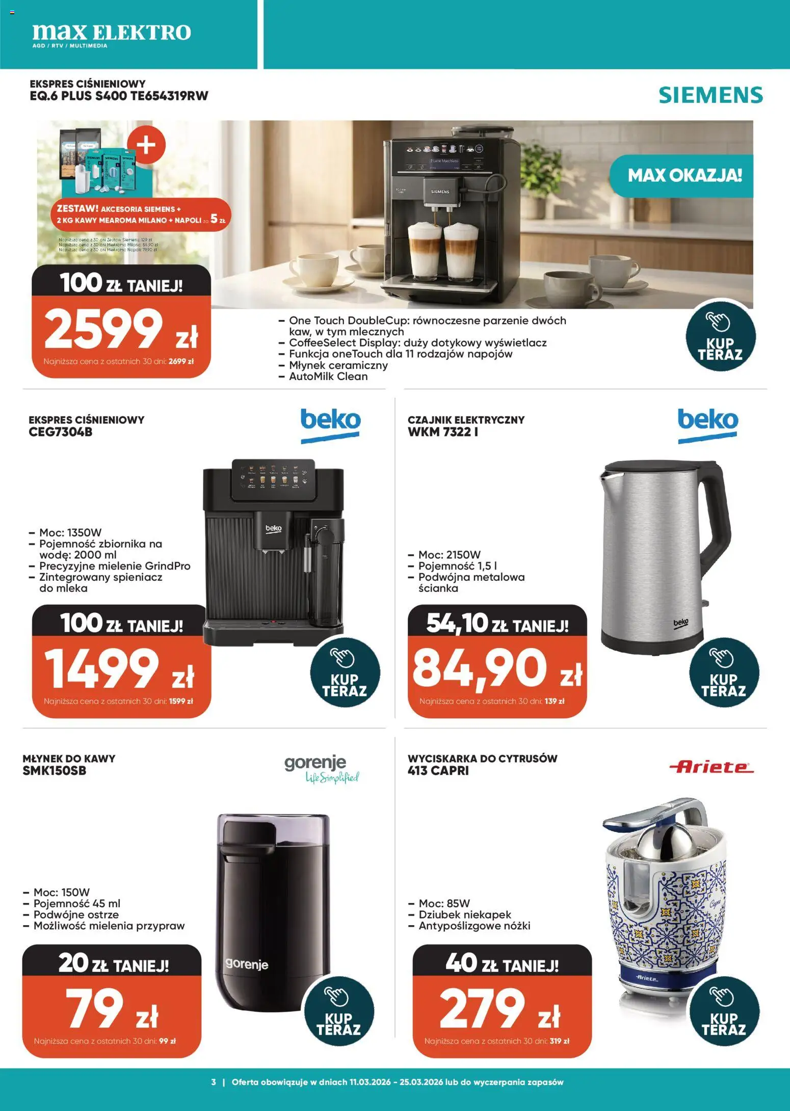 Max elektro gazetka od 11.03.2026 | Strona: 3 | Produkty: Czajnik, Mleka, Młynek, Wyciskarka