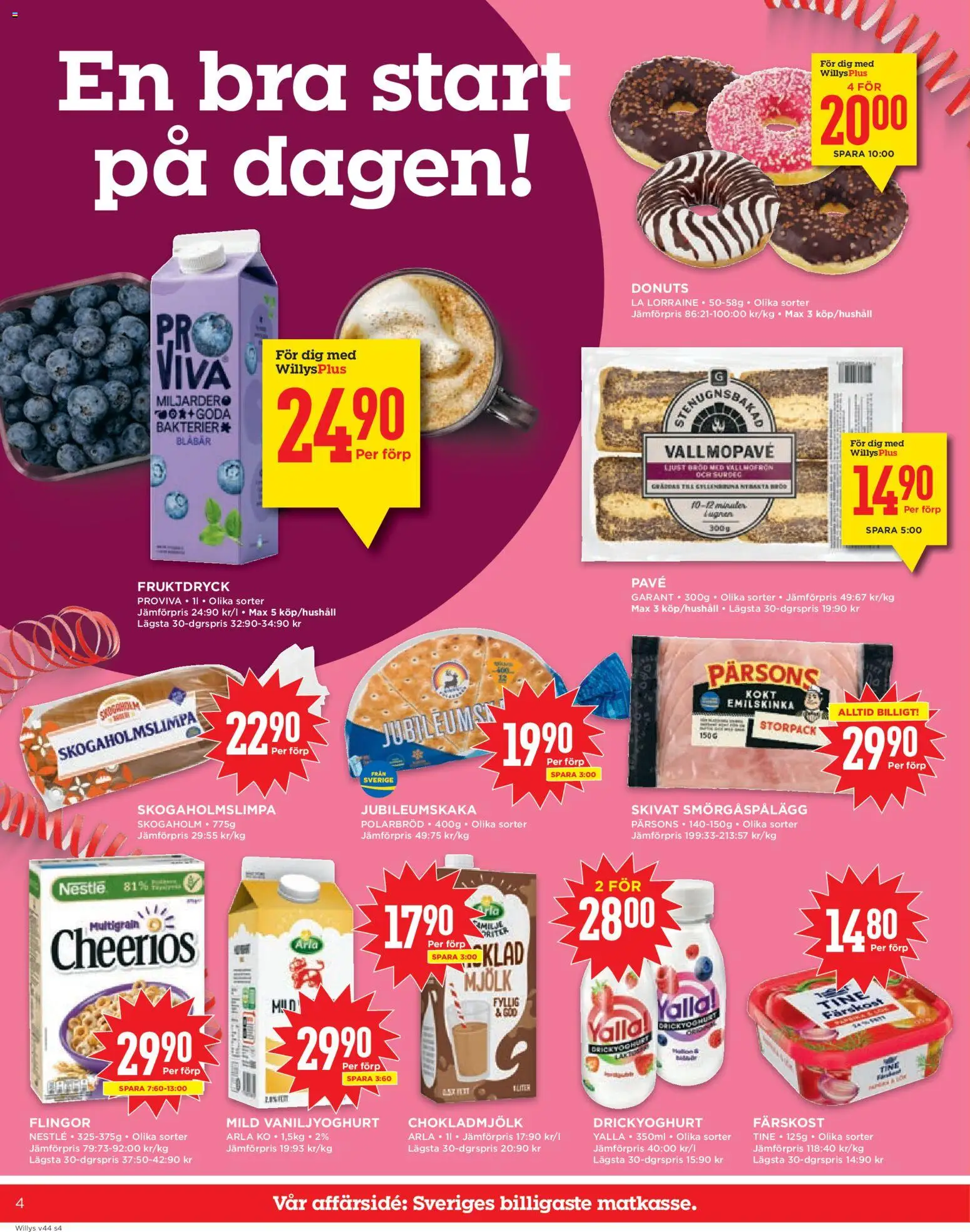 Willys reklamblad aktuell från 27.10.2025 | Sida: 4 | Produkter: Smörgåspålägg, Mjölk, Flingor, Blåbär