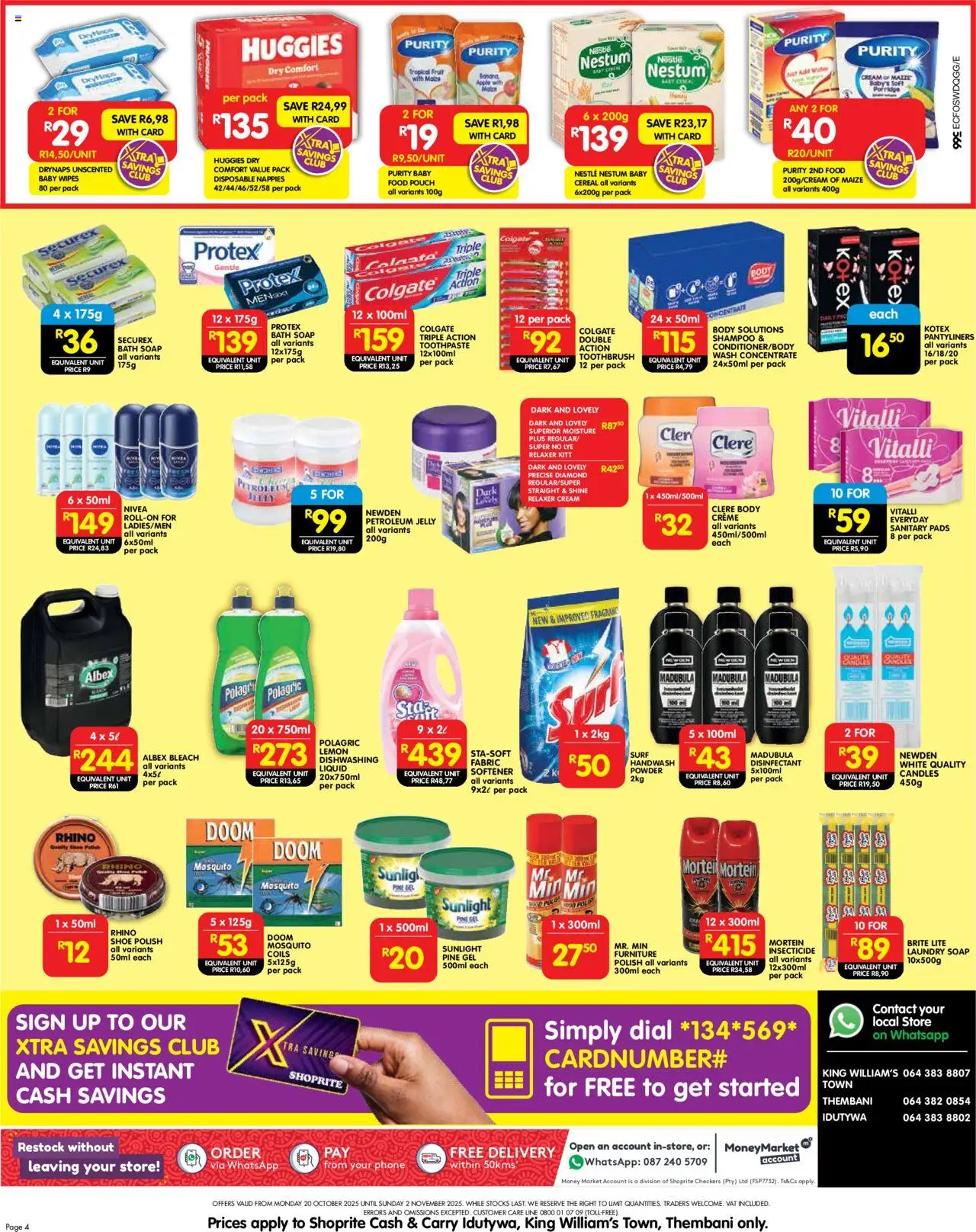 New Shoprite catalogue – valid from 20.10.2025 | Page: 4 | Products: Pads, Soap, Toothpaste, Toothbrush