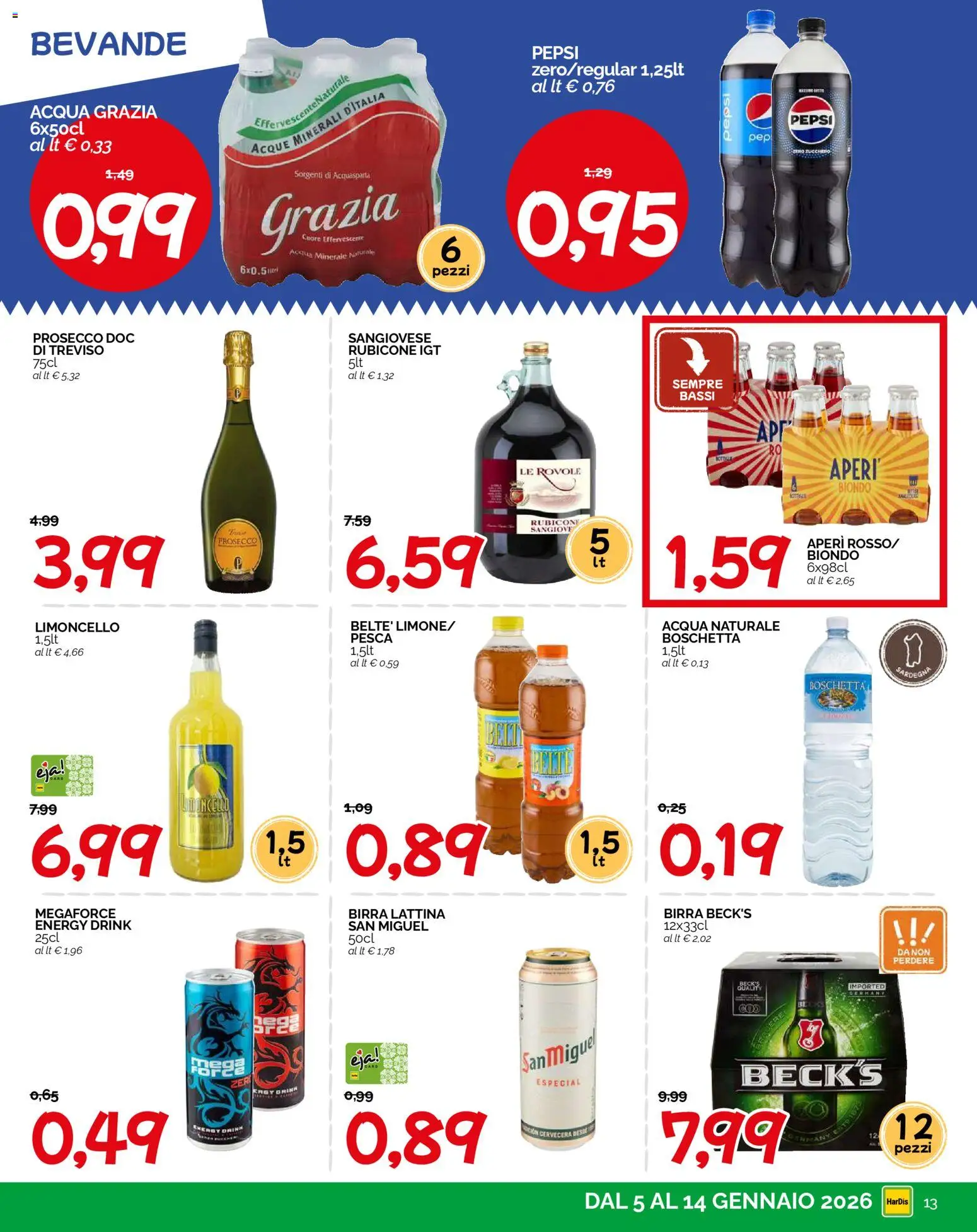 Volantino HarDis del 05.01.2026 | Pagina: 13 | Prodotti: Acqua, Pesca, Acqua minerale, Pepsi
