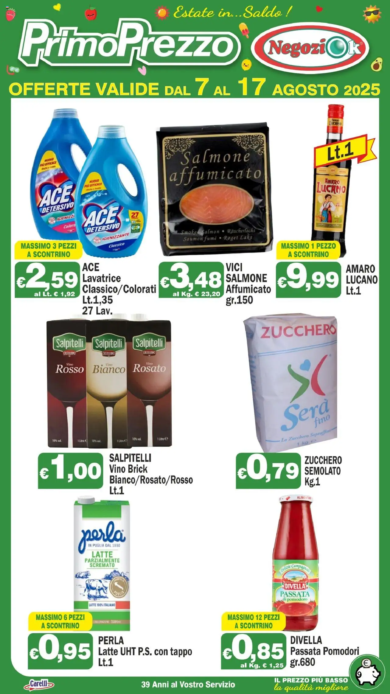 Volantino Primo Prezzo del 07.08.2025 | Pagina: 1 | Prodotti: Salmone, Pomodoro, Vino, Passata di pomodoro