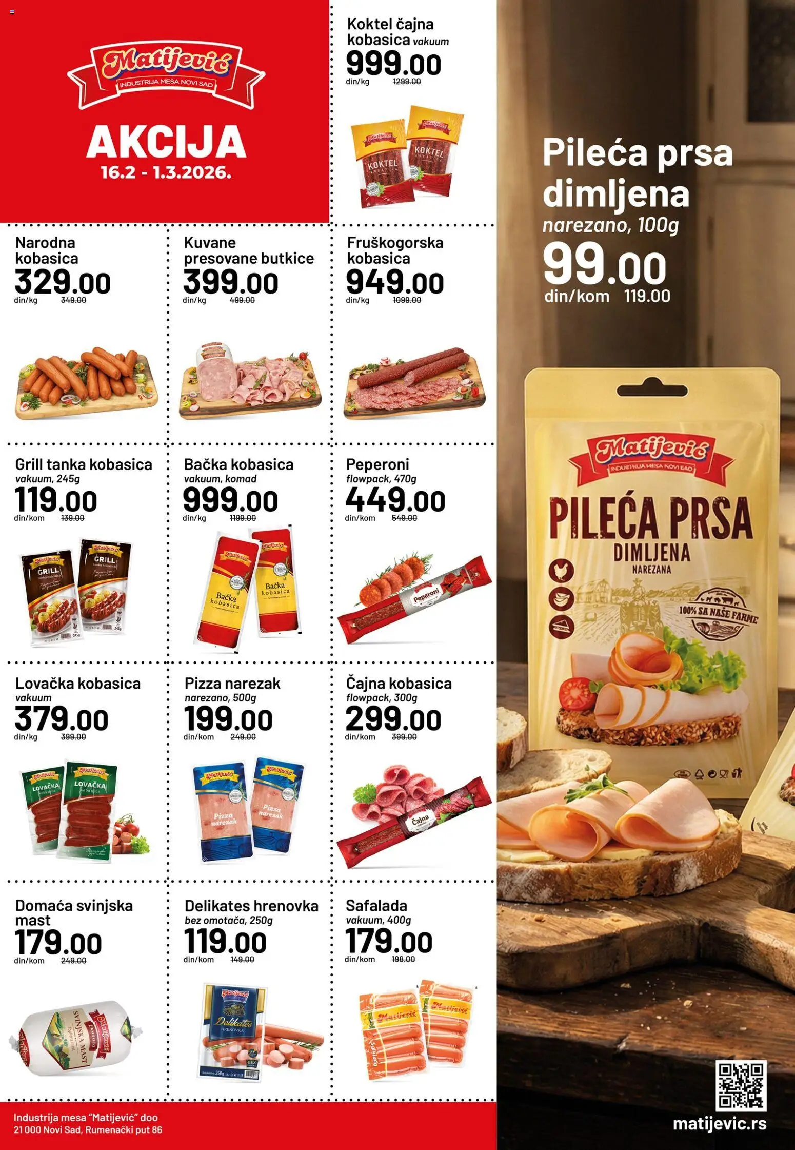 Matijevic katalog - važi od 16.02.2026 | Strana: 1 | Proizvode: Pileća prsa, Mast, Svinjska mast, Kobasica