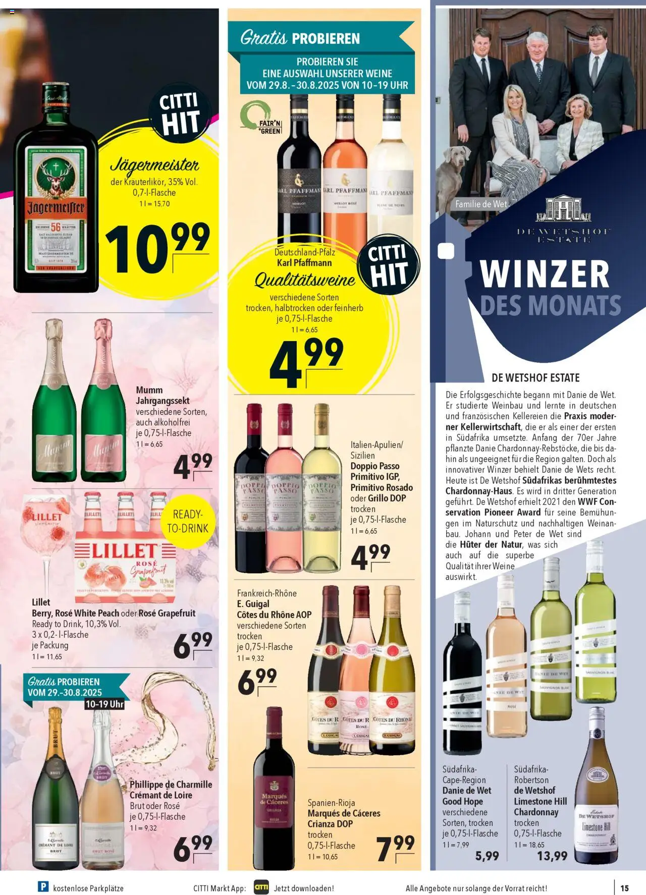 CITTI Markt Prospekt 	 - gültig ab dem 27.08.2025 | Seite: 15 | Produkte: Lillet, Jägermeister, Doppio Passo, Uhr