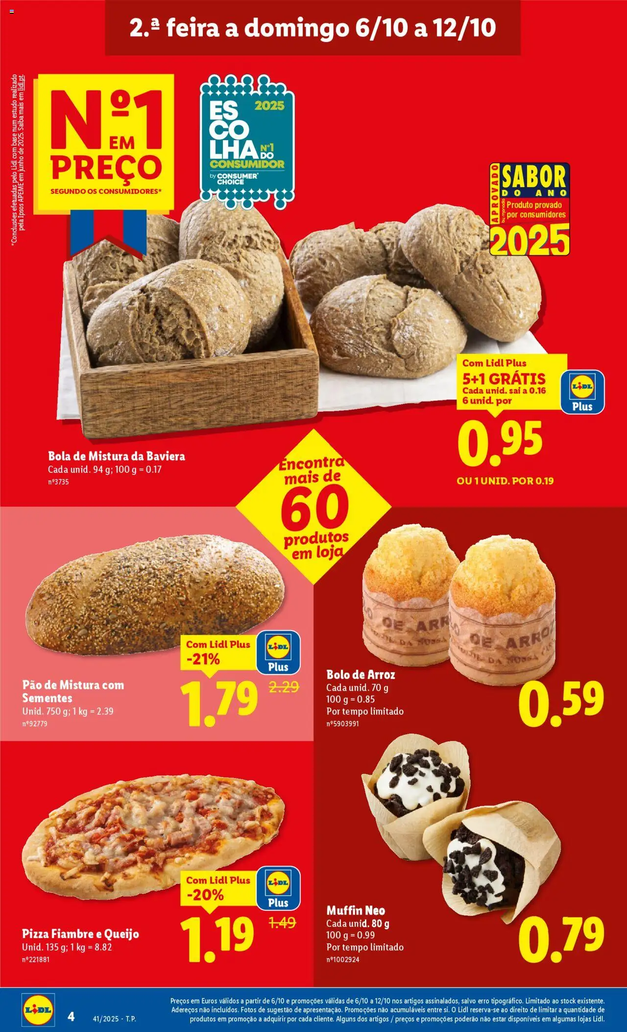 Lidl folheto │ válido de 06.10.2025 | Página: 4 | Produtos: Bolo, Queijo, Pão, Pizza