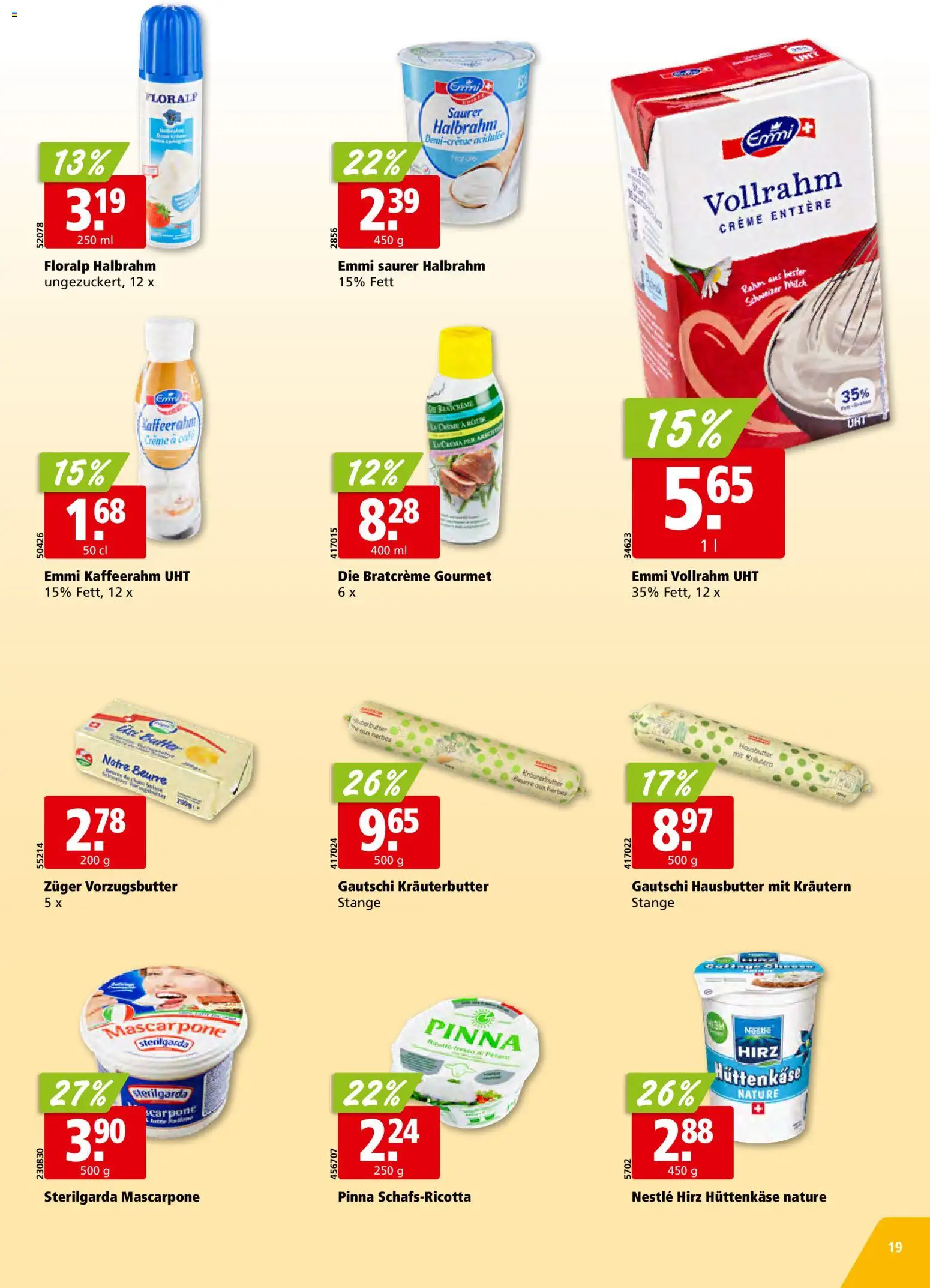 Aligro Aktionen Schlieren, Gossau SG, Frauenfeld, Rapperswil-Jona, Sargans, Bern, Brüttisellen, Pratteln, Emmen, Spreitenbach – gültig ab 23.02.2026 | Seite: 19 | Produkte: Mascarpone, Milch, Hüttenkäse, Creme