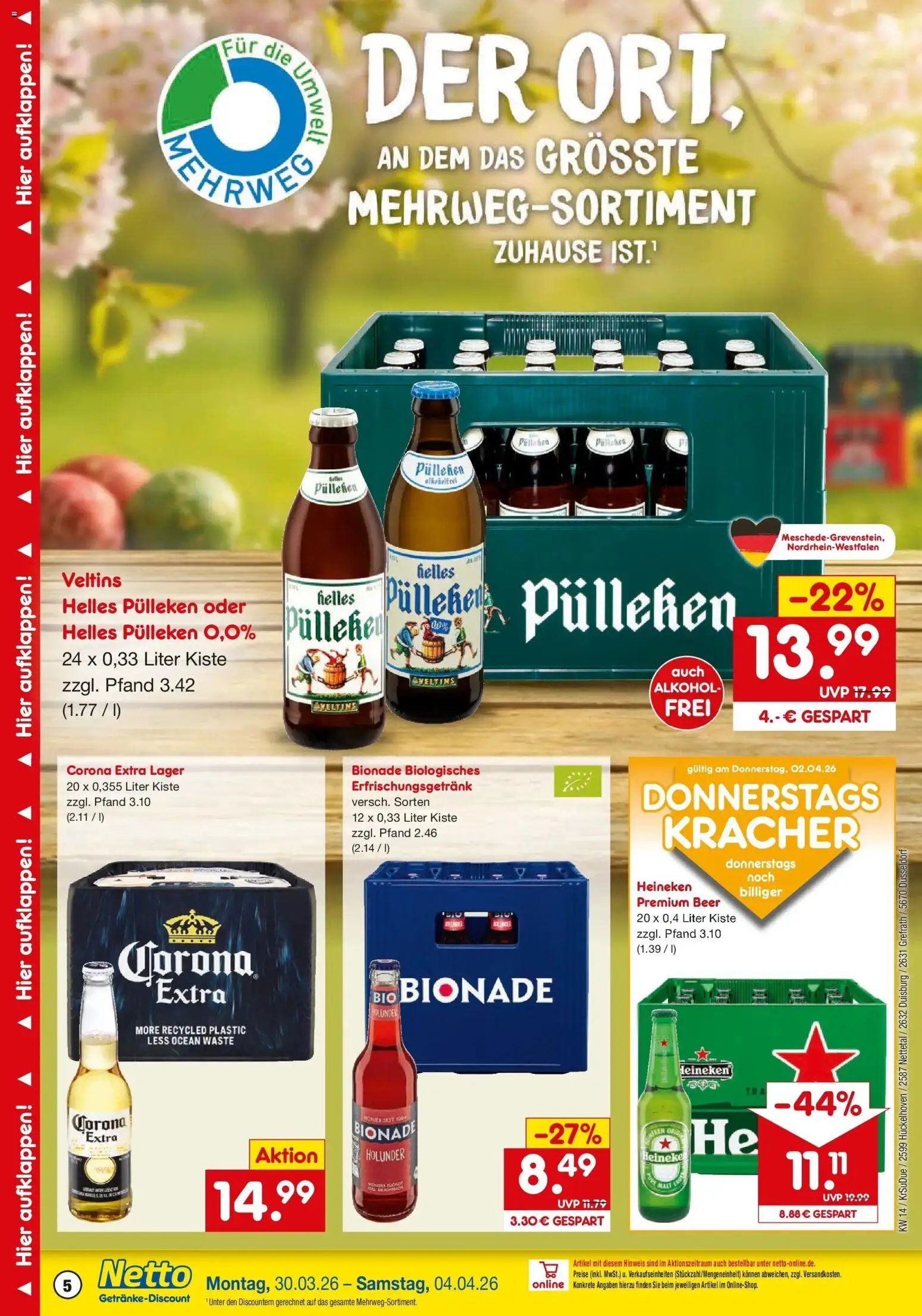 Netto Marken-Discount Prospekt Hückelhoven-Baal	 – gültig ab 30.03.2026 | Seite: 5 | Produkte: Helles pulleken, Bionade, Heineken, Veltins