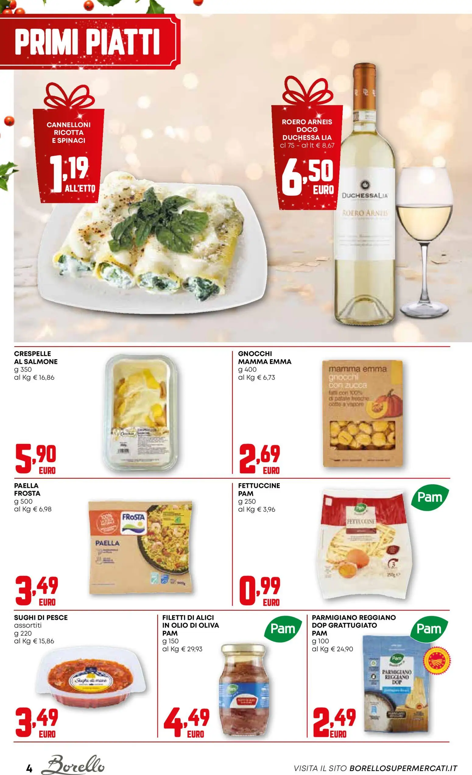 Volantino Borello Supermercati del 18.12.2025 | Pagina: 4 | Prodotti: Salmone, Spinaci, Ricotta, Parmigiano