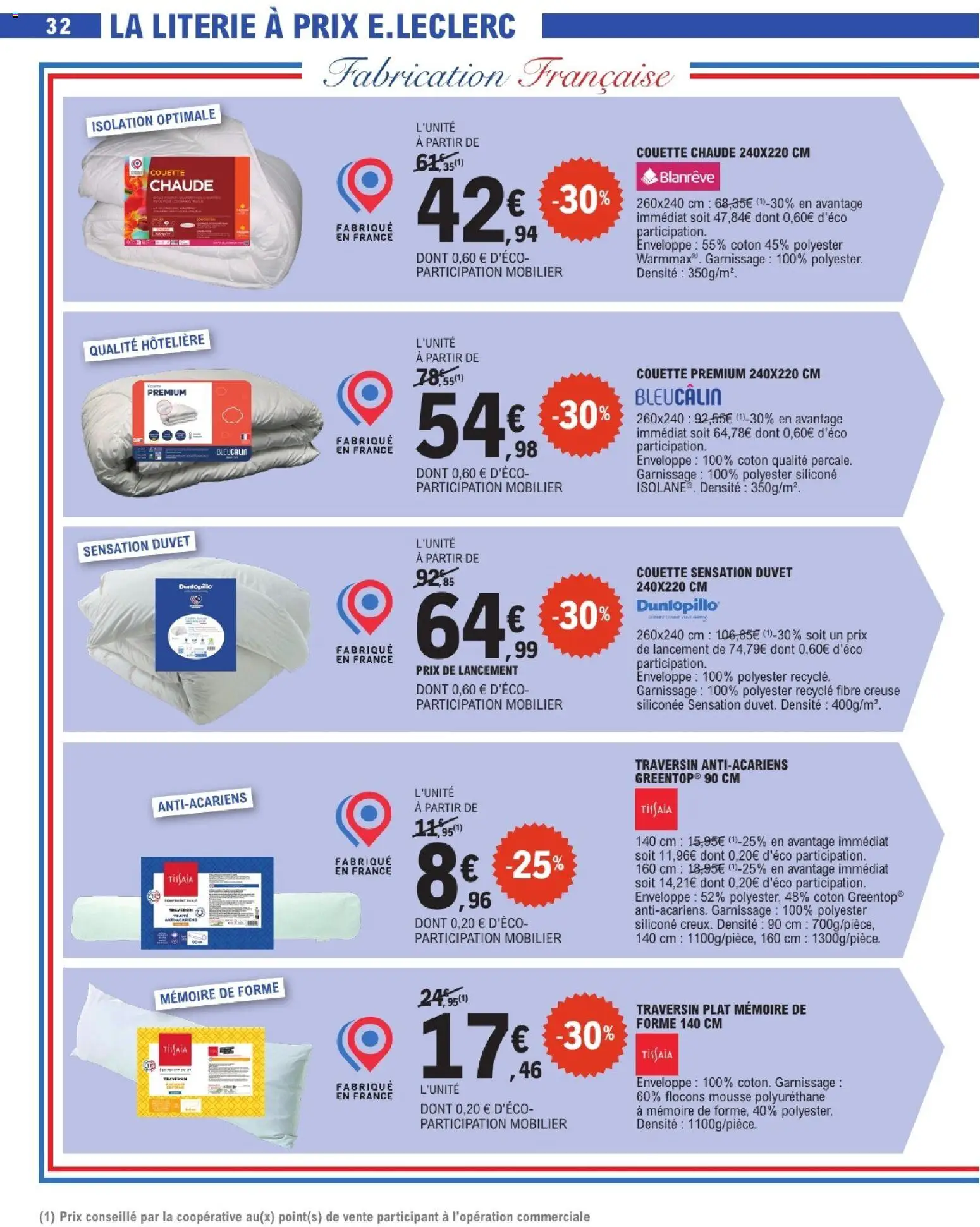 {H1} | Page: 32 | Produits: Coton, Enveloppe, Mousse, Literie