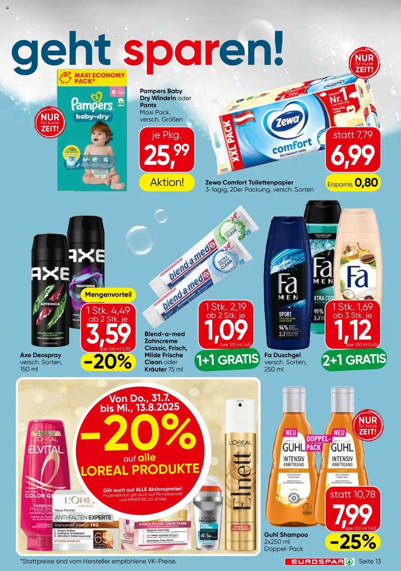 Eurospar Flugblatt - Steiermark gültig ab 31.07.2025 | Seite: 13 | Produkte: Pampers, Shampoo, Duschgel