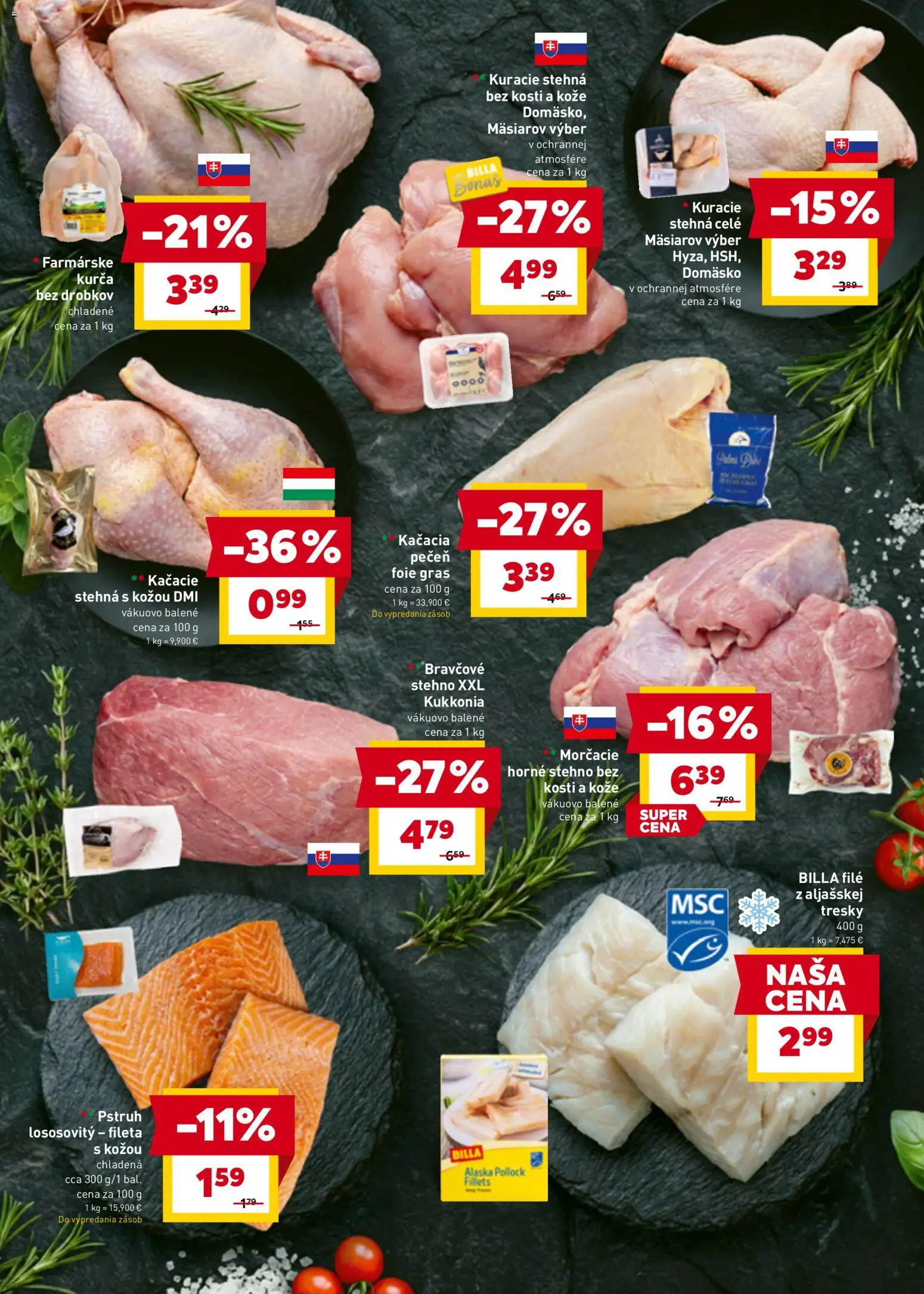 Nové Billa akcie – leták je platný od 11.03.2026 | Strana: 7 | Produkty: Pstruh, Bravčové stehno, Kuracie stehná, Kurča