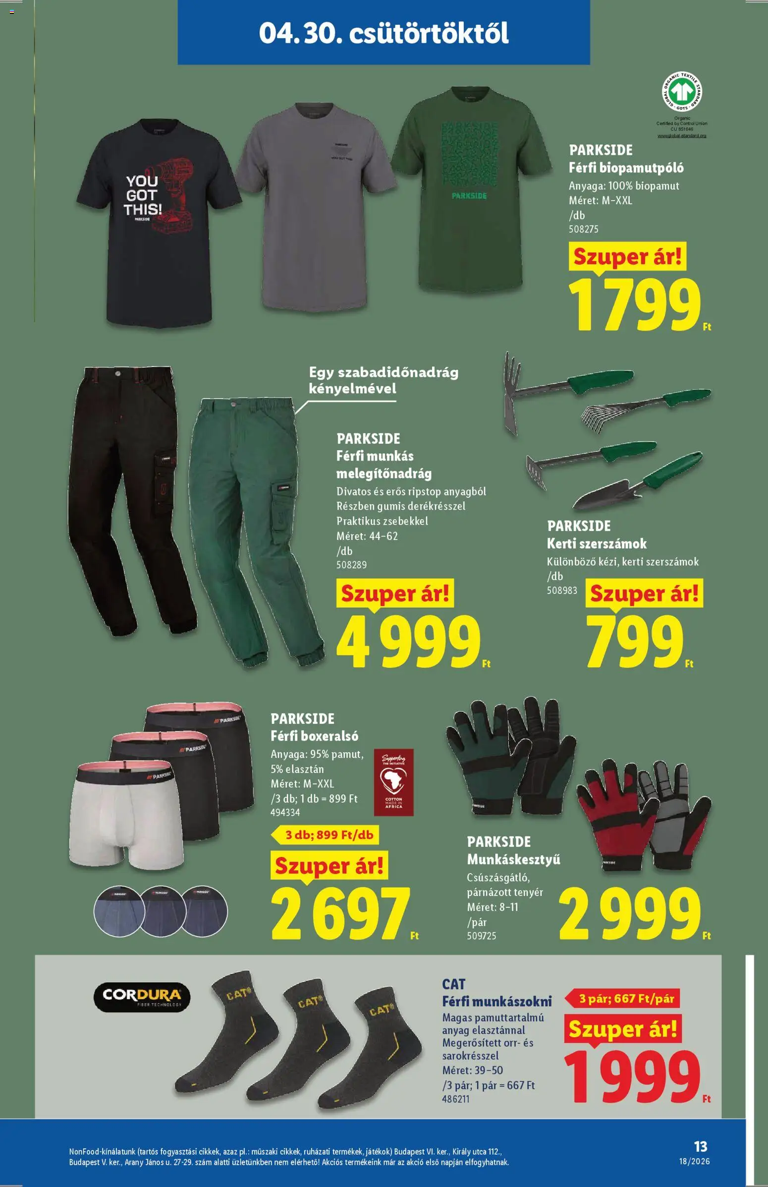 Lidl akciós ujság - amely érvényes a következő dátumtól: 30.04.2026 | Oldal: 13 | Termékek: Melegítőnadrág, Boxeralsó, Szerszámok, Kerti szerszámok