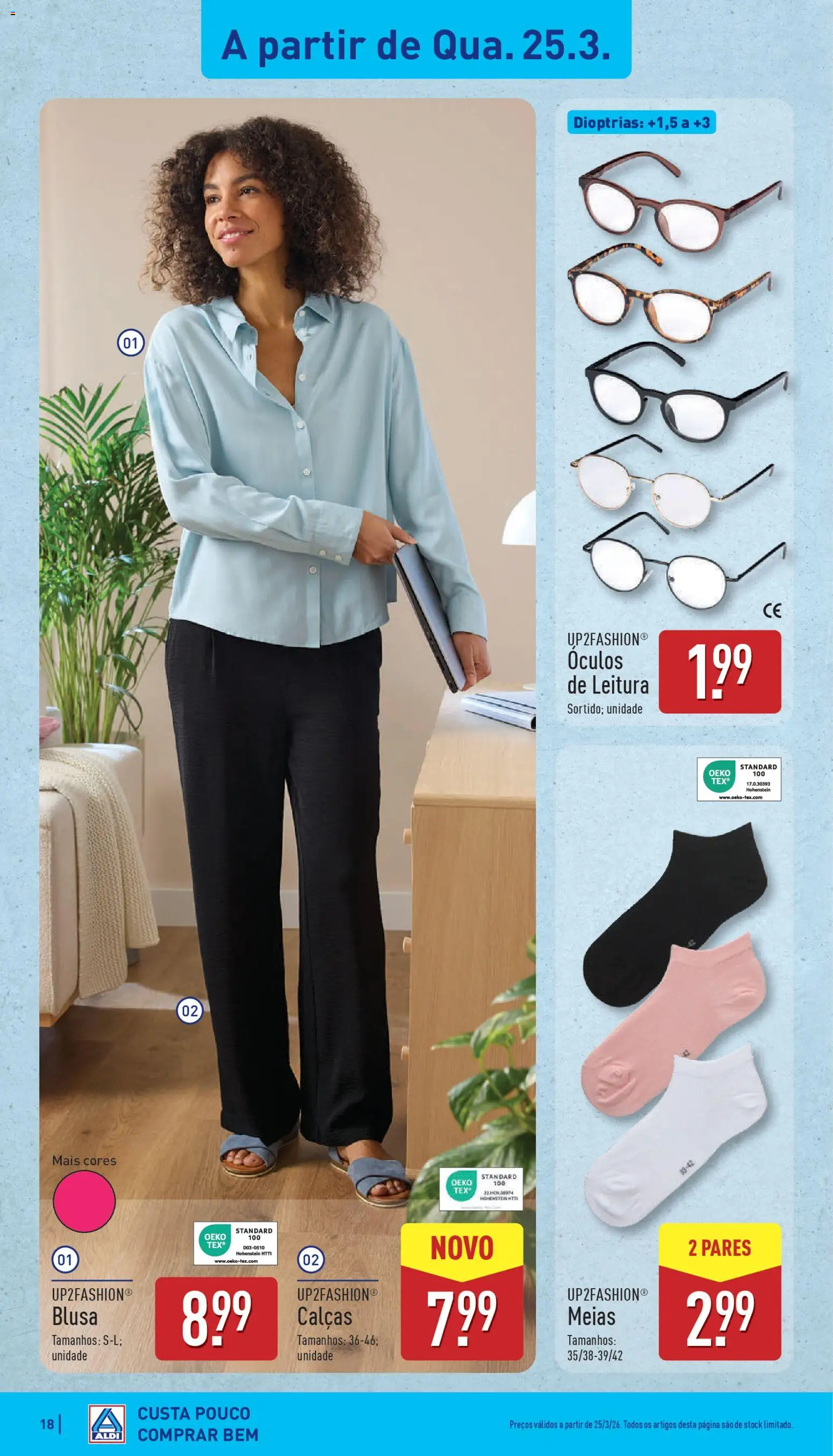 Aldi folheto │ válido de 23.03.2026 | Página: 18 | Produtos: Óculos, Calças, Blusa, Meias