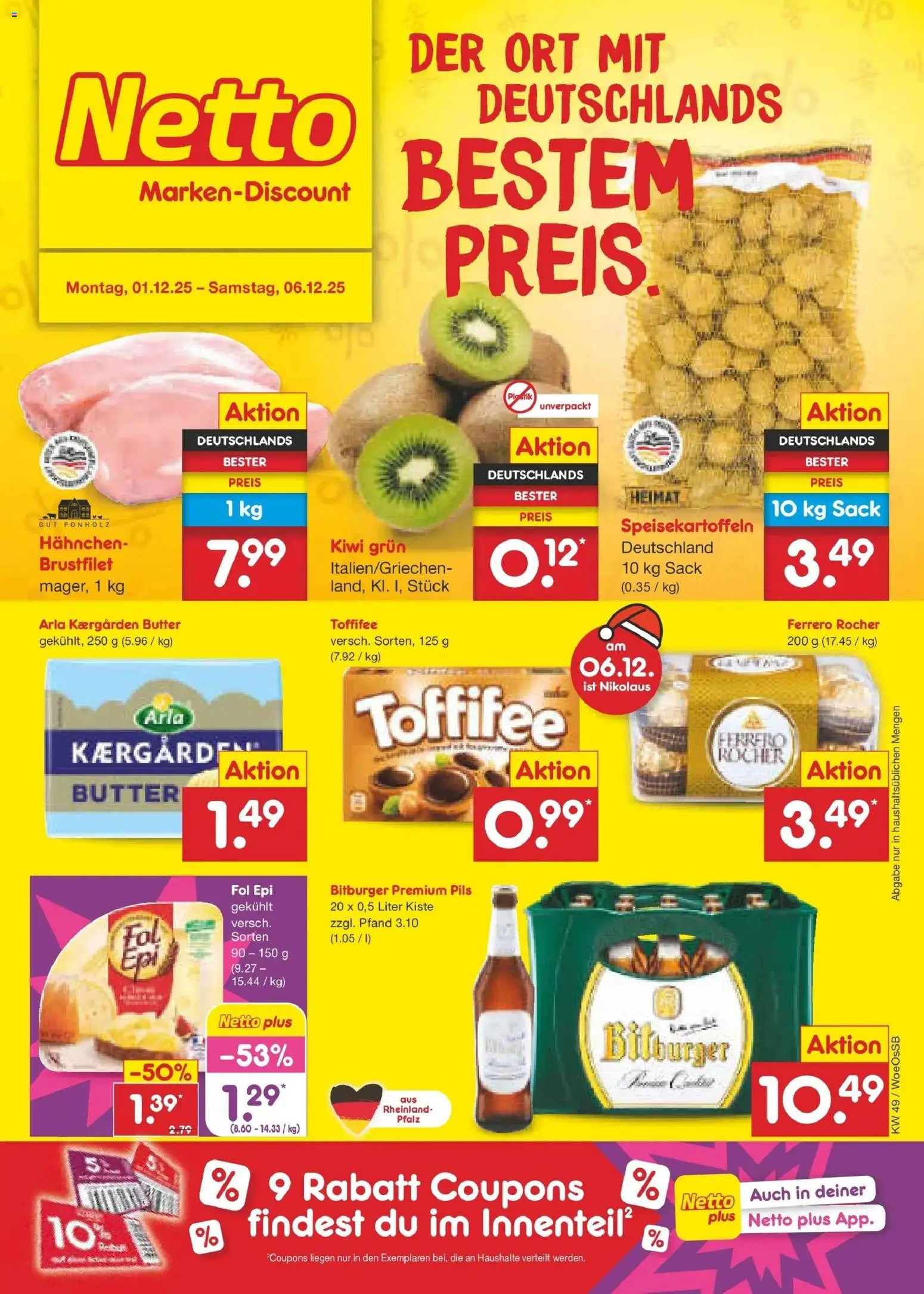 Netto Marken-Discount prospekt Gemmingen	 – gültig ab 01.12.2025 | Seite: 1 | Produkte: Hahnchen, Ferrero rocher, Butter, Pils