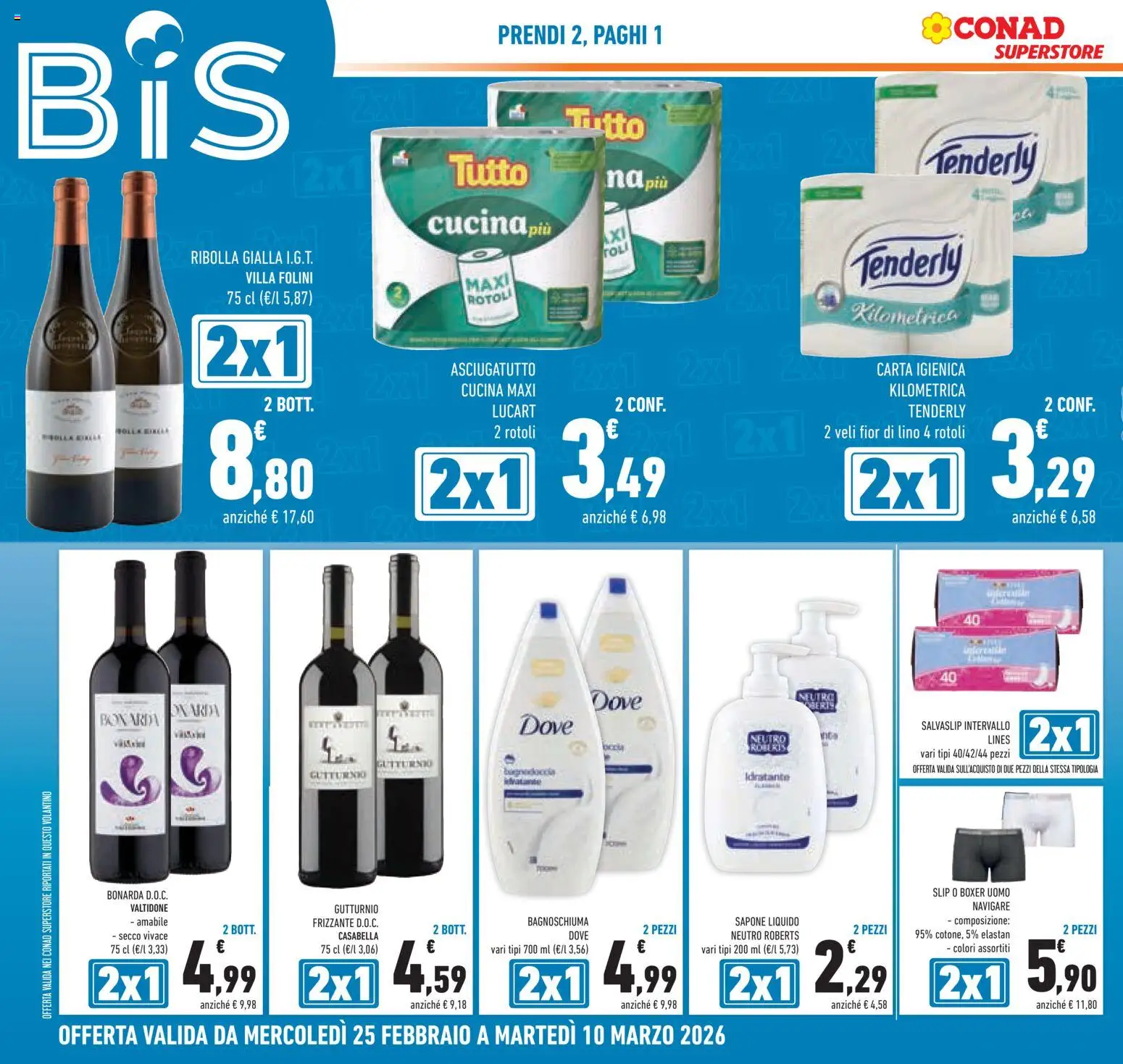 Volantino Conad del 25.02.2026 | Pagina: 6 | Prodotti: Carta igienica, Slip, Boxer, Asciugatutto