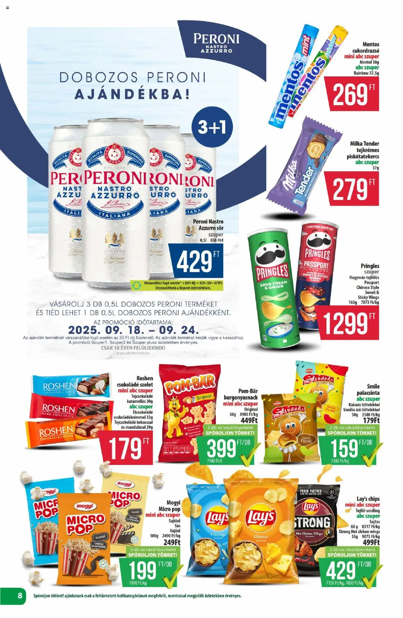 COOP akciós ujság - amely érvényes a következő dátumtól: 18.09.2025 | Oldal: 8 | Termékek: Chips, Pringles, Étcsokoládé, Csokoládé