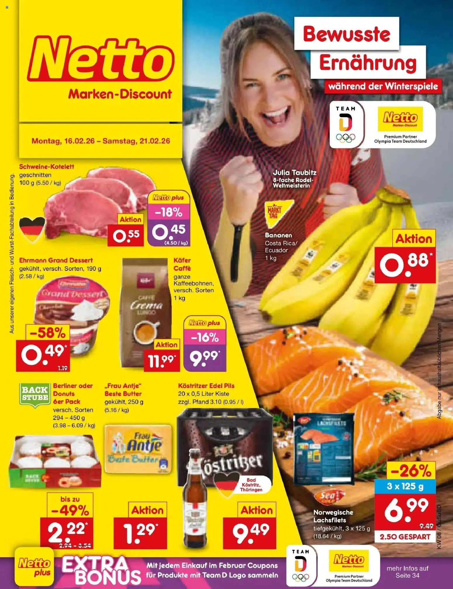 Netto Marken-Discount prospekt Glauchau	 – gültig ab 16.02.2026 | Seite: 1 | Produkte: Kostritzer, Bananen, Donuts, Fleisch