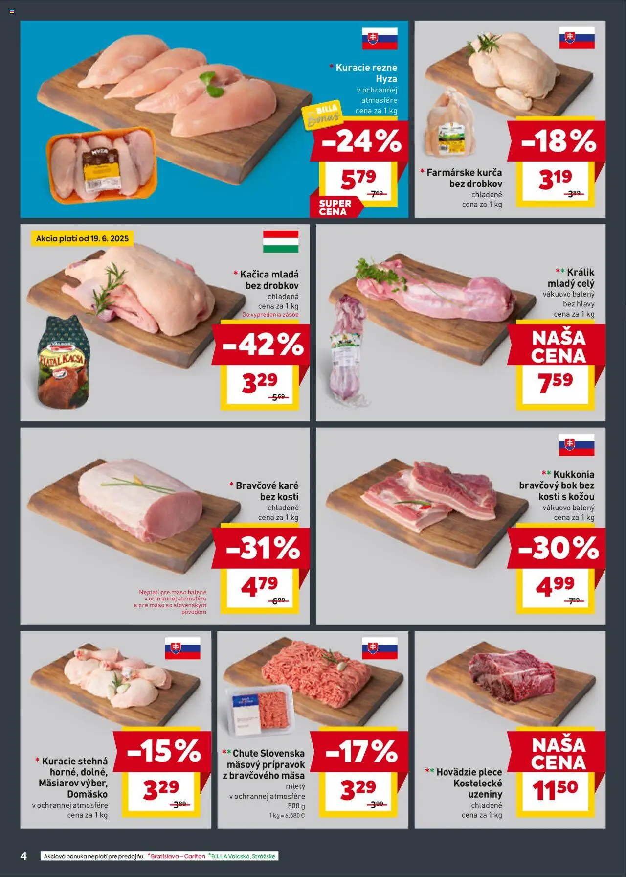 Billa leták │ platný od 18.06.2025 | Strana: 4 | Produkty: Kačica, Kuracie rezne, Kuracie stehná, Kurča
