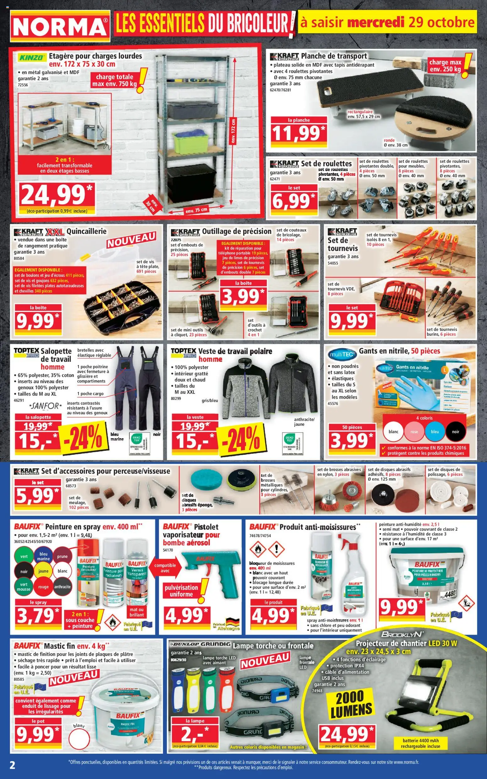 {H1} | Page: 2 | Produits: Salopette, Pinces, Tournevis, Coton