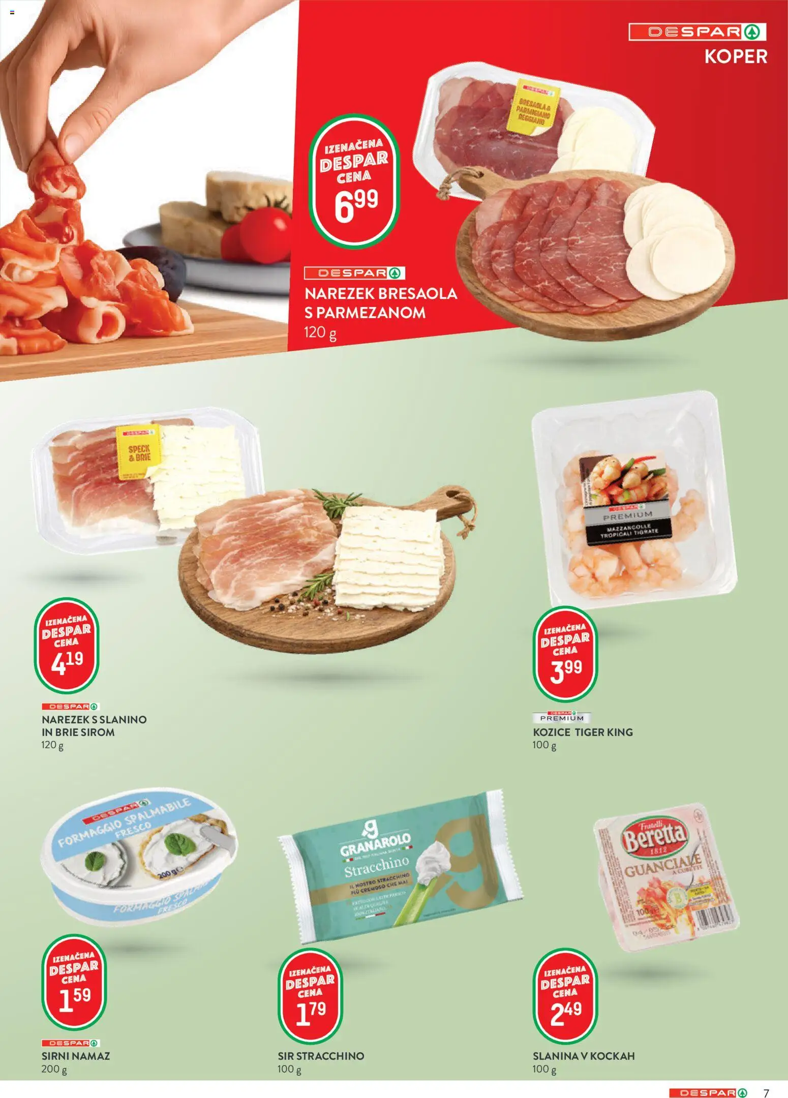 Novi Spar katalog ponudbe – veljaven od 08.04.2026 | Stran: 7 | Izdelki: Sirni namaz, Kozice, Namaz, Slanina