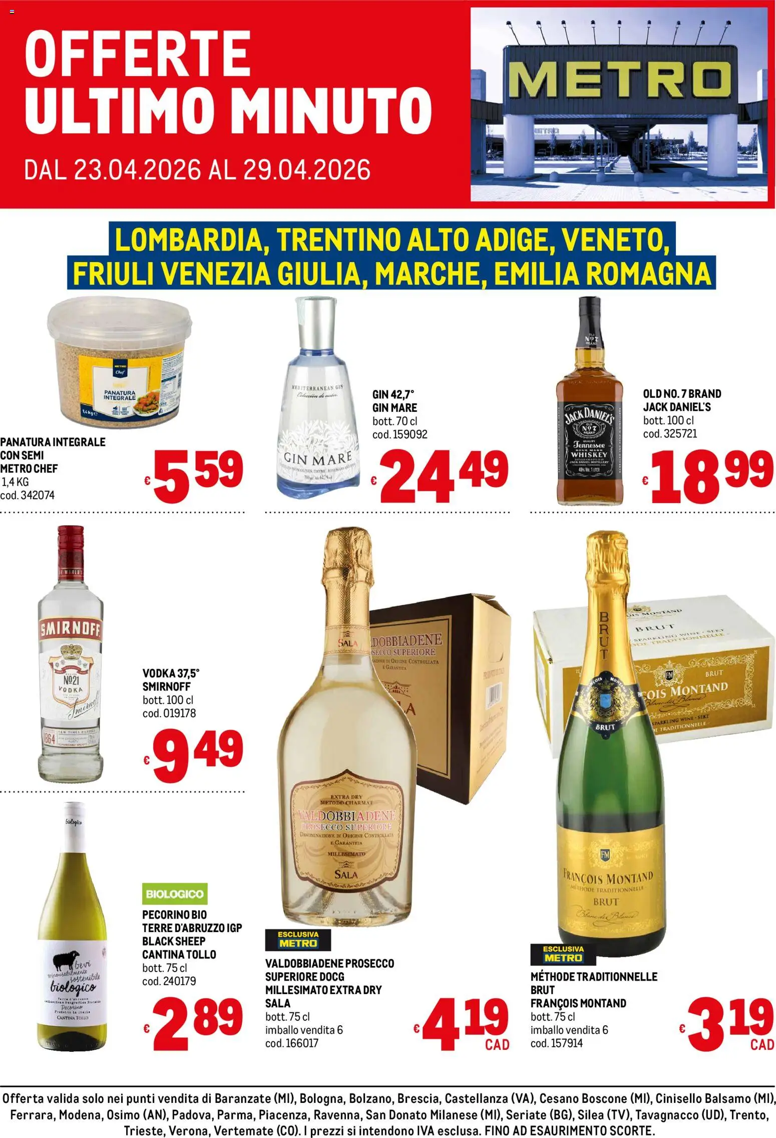 Volantino Metro del 23.04.2026 | Pagina: 1 | Prodotti: Balsamo, Gin, Prosecco, Pecorino