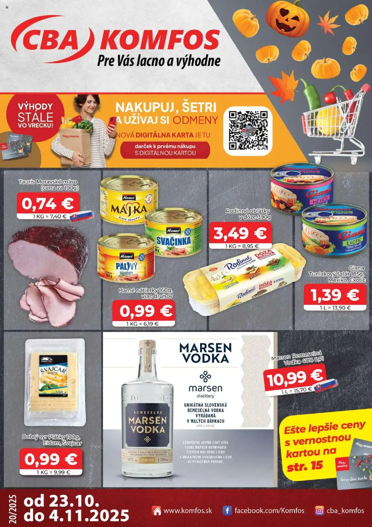 Nové CBA Komfos akcie – leták je platný od 23.10.2025 | Strana: 1 | Produkty: Syr, Vodka, Šalát