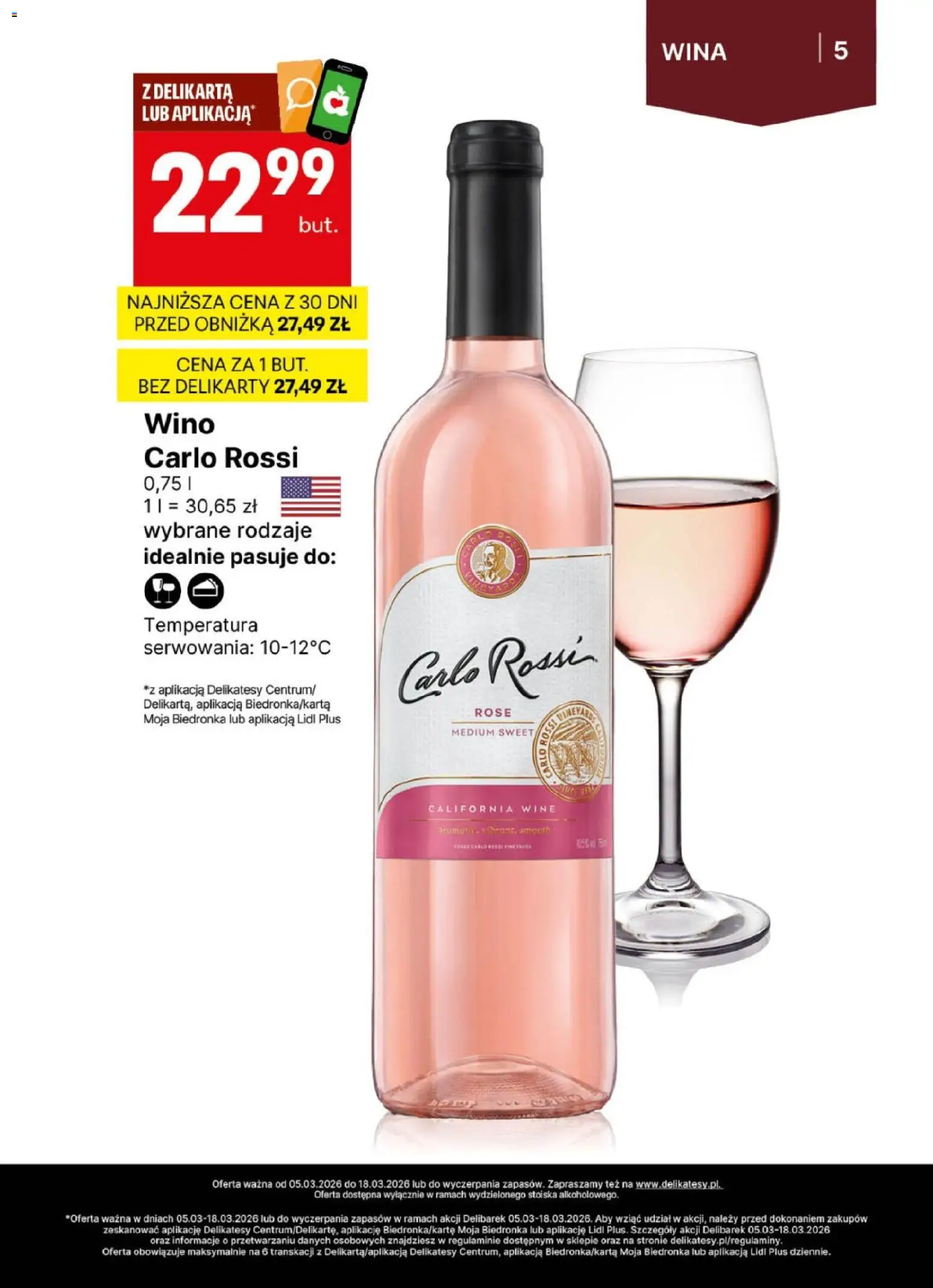 Delikatesy Centrum gazetka - DeliBarek od 05.03.2026 | Strona: 5 | Produkty: Delikatesy, Wino, Carlo Rossi