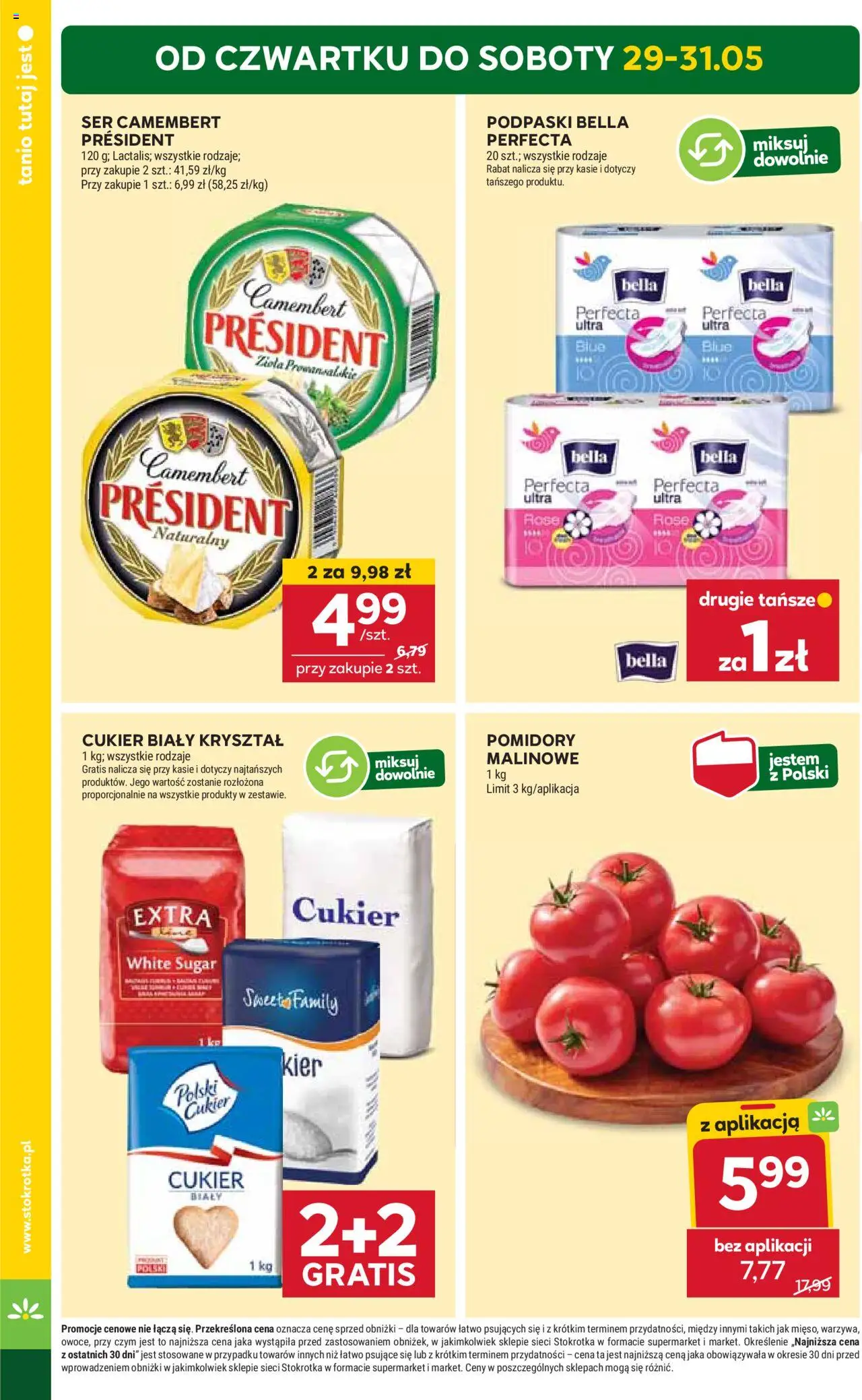 Stokrotka Gazetka od 29.05.2025 | Strona: 4 | Produkty: Ser camembert, Pomidory malinowe, Podpaski, Cukier biały