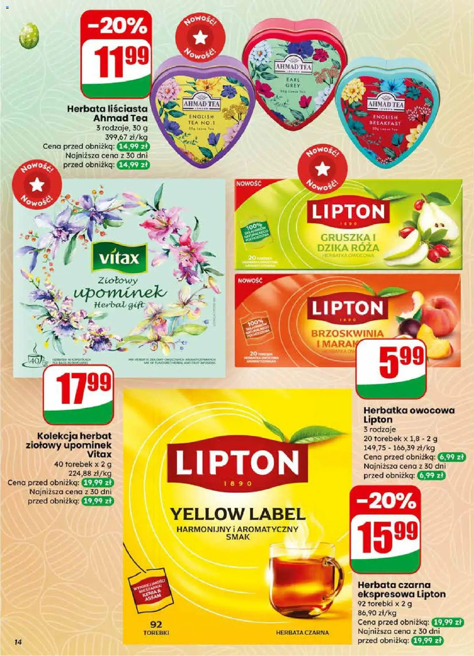 Dino gazetka od 01.04.2026 | Strona: 14 | Produkty: Brzoskwinia, Gruszka, Herbata, Torebki