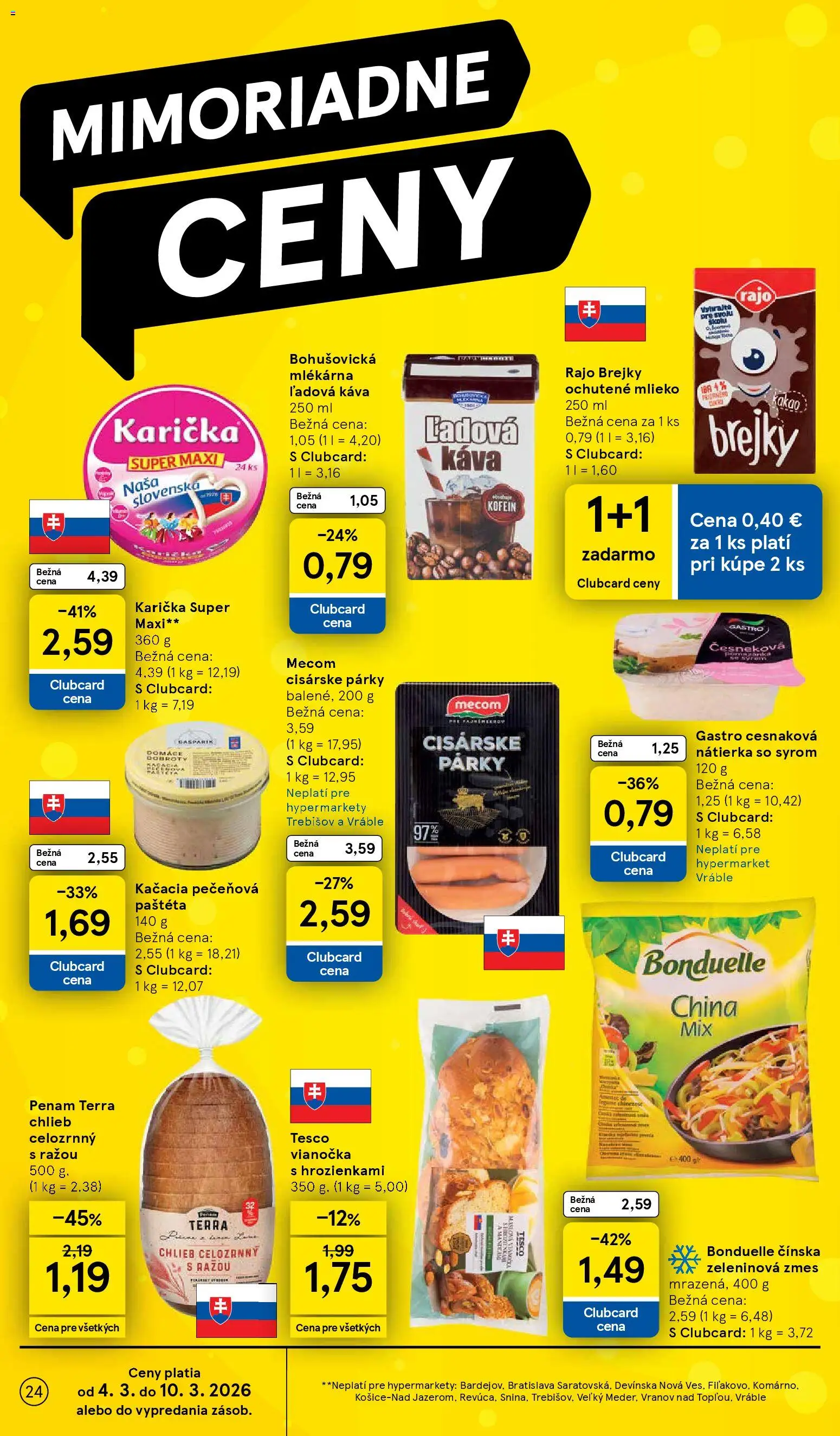 Nové Tesco akcie – leták je platný od 04.03.2026 | Strana: 24 | Produkty: Chlieb, Káva, Párky, Kakao