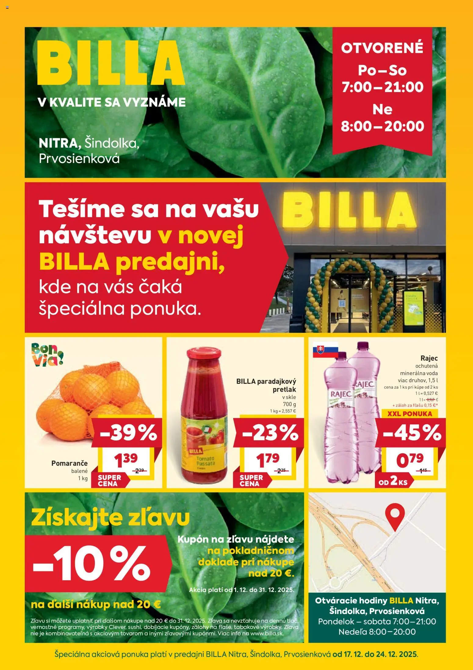 Nové Billa akcie – leták je platný od 17.12.2025 | Strana: 1 | Produkty: Hodiny, Rajec, Voda, Minerálna voda