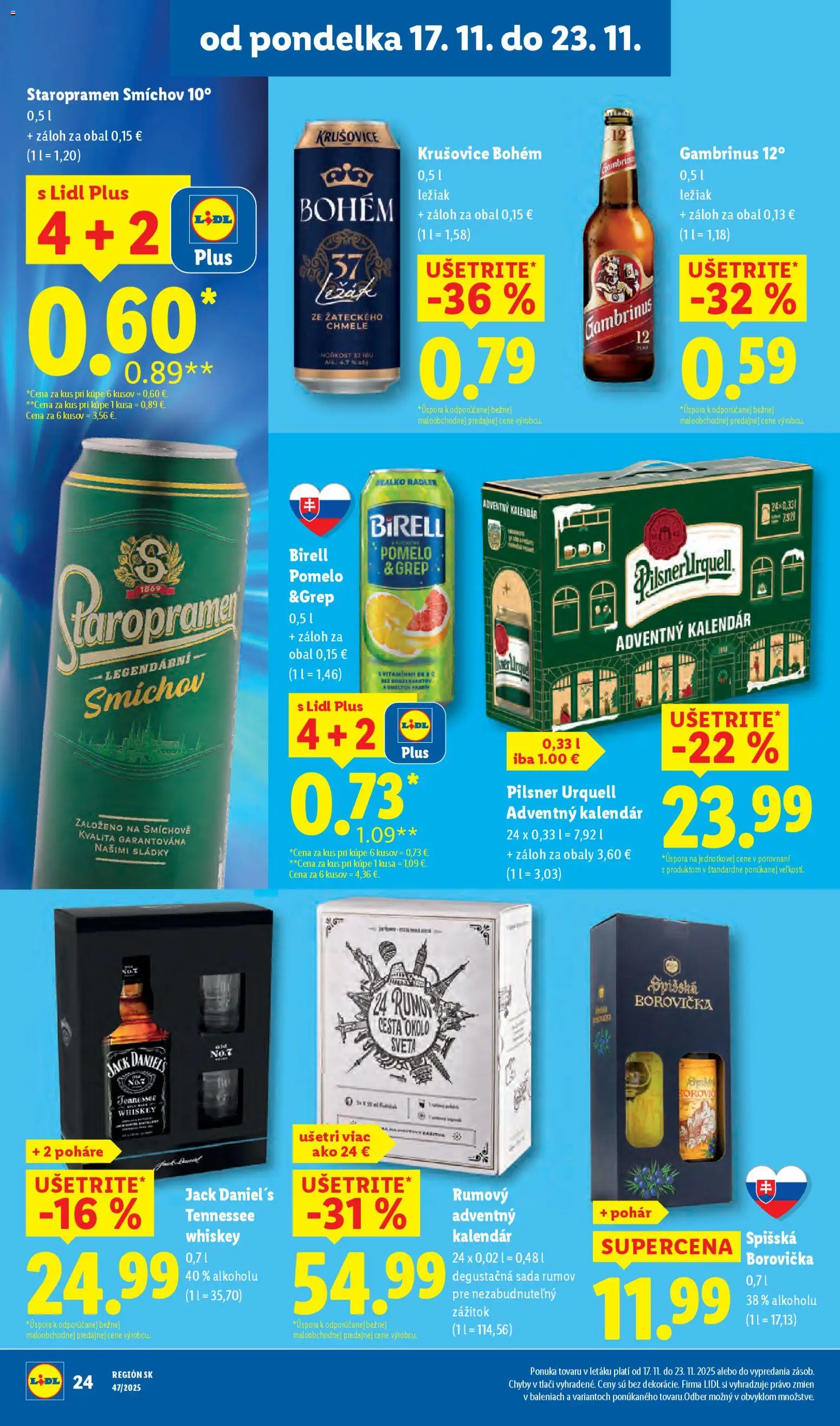 Nové Lidl akcie – leták je platný od 17.11.2025 | Strana: 36 | Produkty: Birell, Krušovice, Pomelo, Jack Daniel's