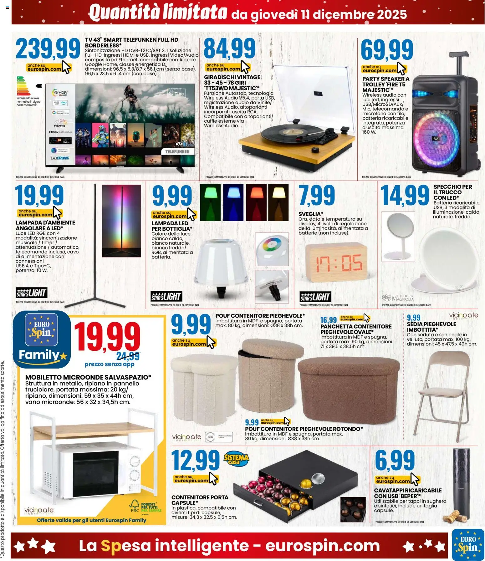 Volantino Eurospin del 11.12.2025 | Pagina: 17 | Prodotti: Cavatappi, Cavo, Batteria, Lampada