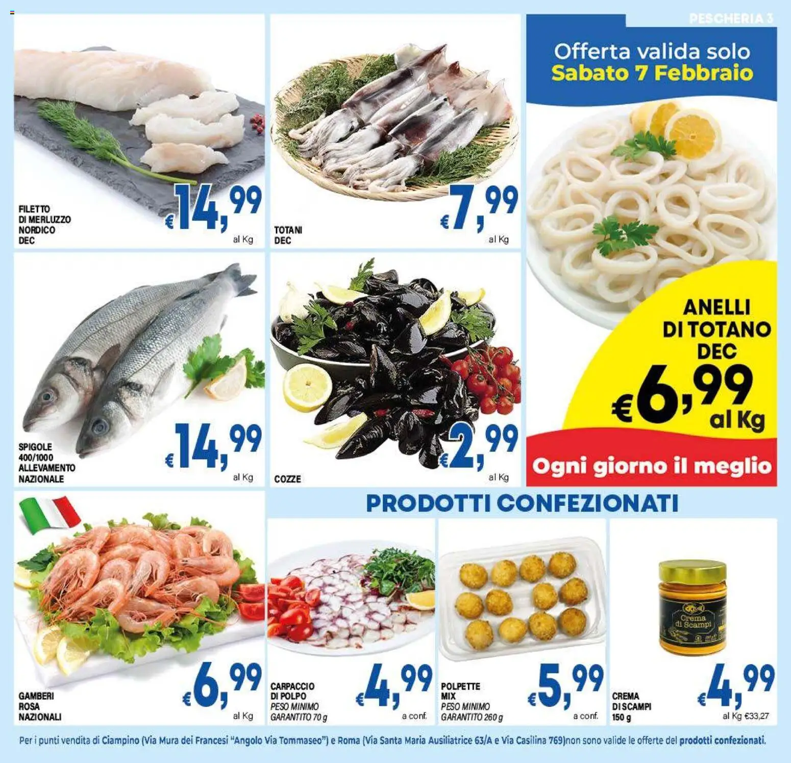 Volantino DEM del 04.02.2026 | Pagina: 3 | Prodotti: Gamberi, Cozze, Polpo, Polpette