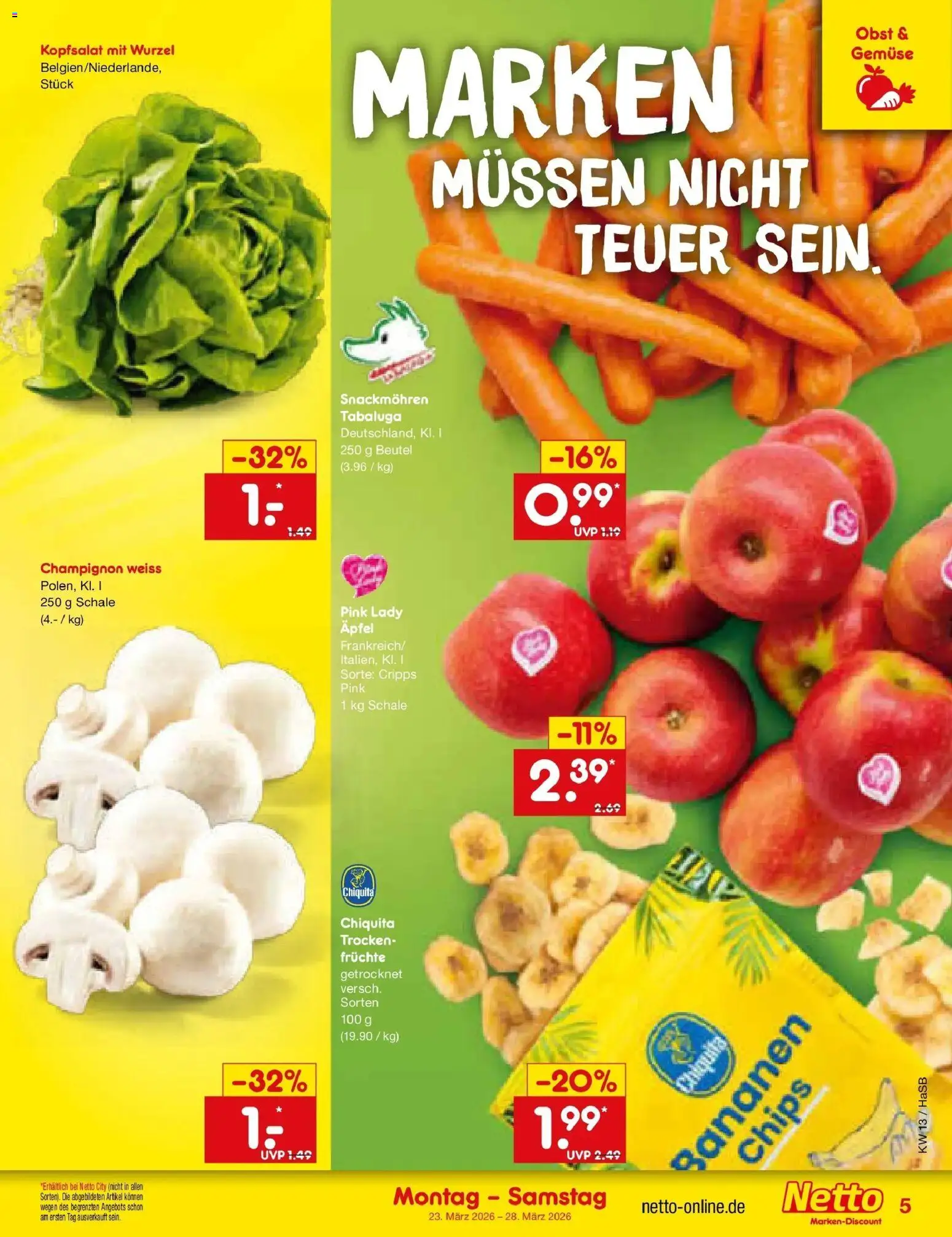 Netto Marken-Discount Prospekt Wuppertal	 – gültig ab 23.03.2026 | Seite: 5 | Produkte: Äpfel, Bananen, Obst, Chips