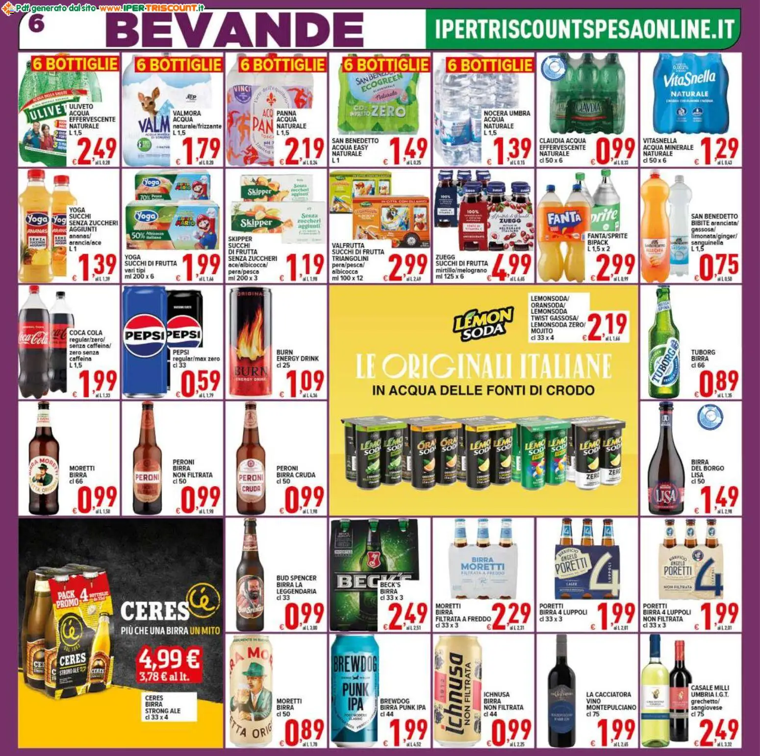 Volantino Ipertriscount del 18.11.2025 | Pagina: 6 | Prodotti: Birra Moretti, Ceres, Acqua minerale, Pepsi