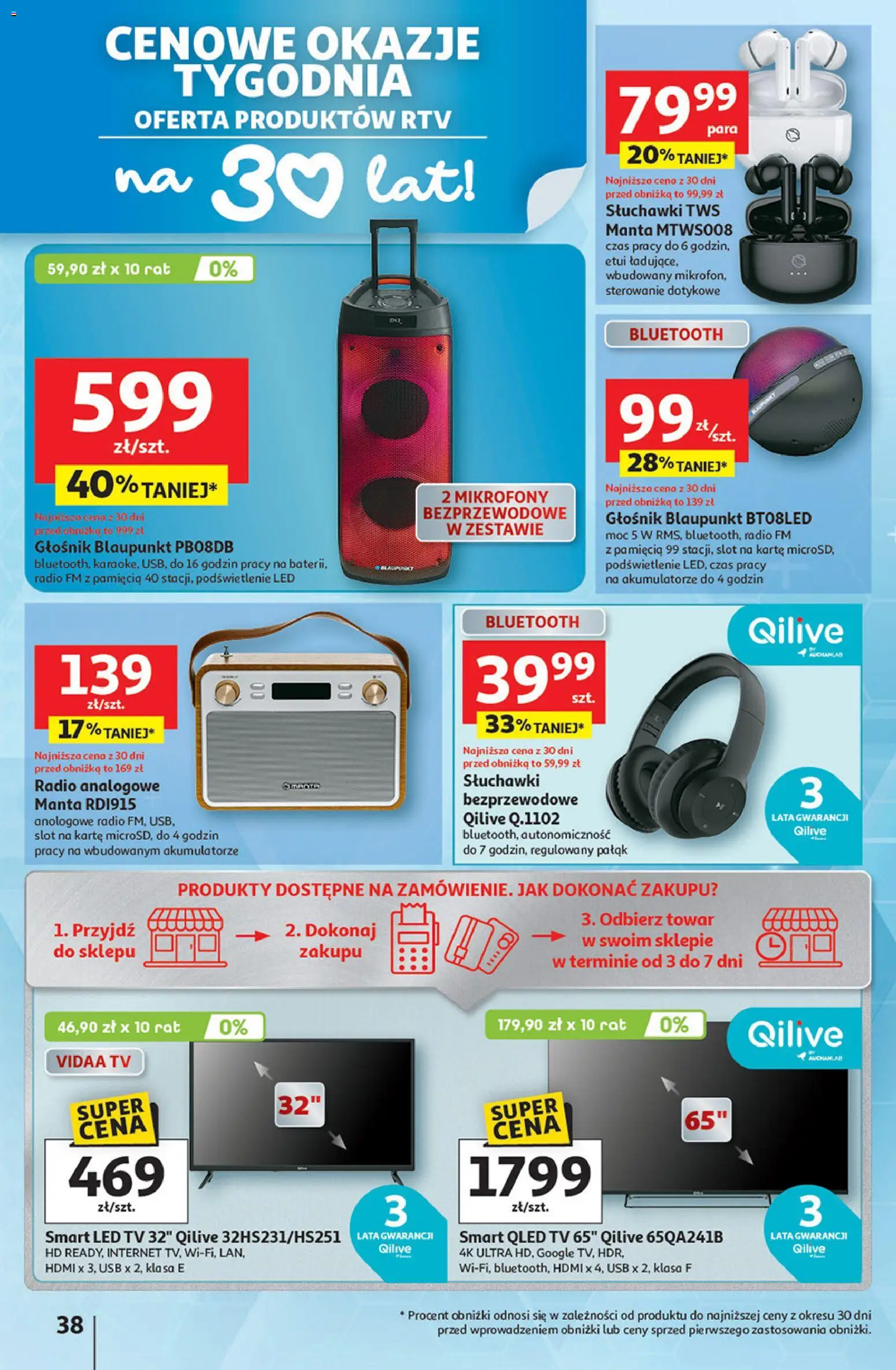 Auchan Gazetka - 30 Lat Hipermarket od 08.01.2026 | Strona: 38 | Produkty: Radio, Słuchawki, Głośnik, USB