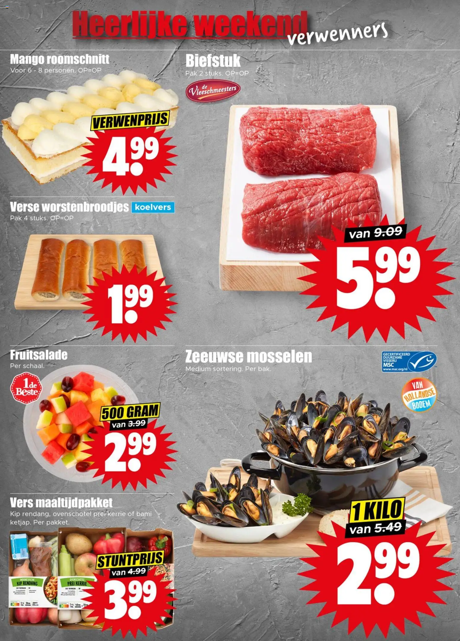 {H1} | Pagina: 2 | Producten: Mosselen, Biefstuk, Kip, Mango