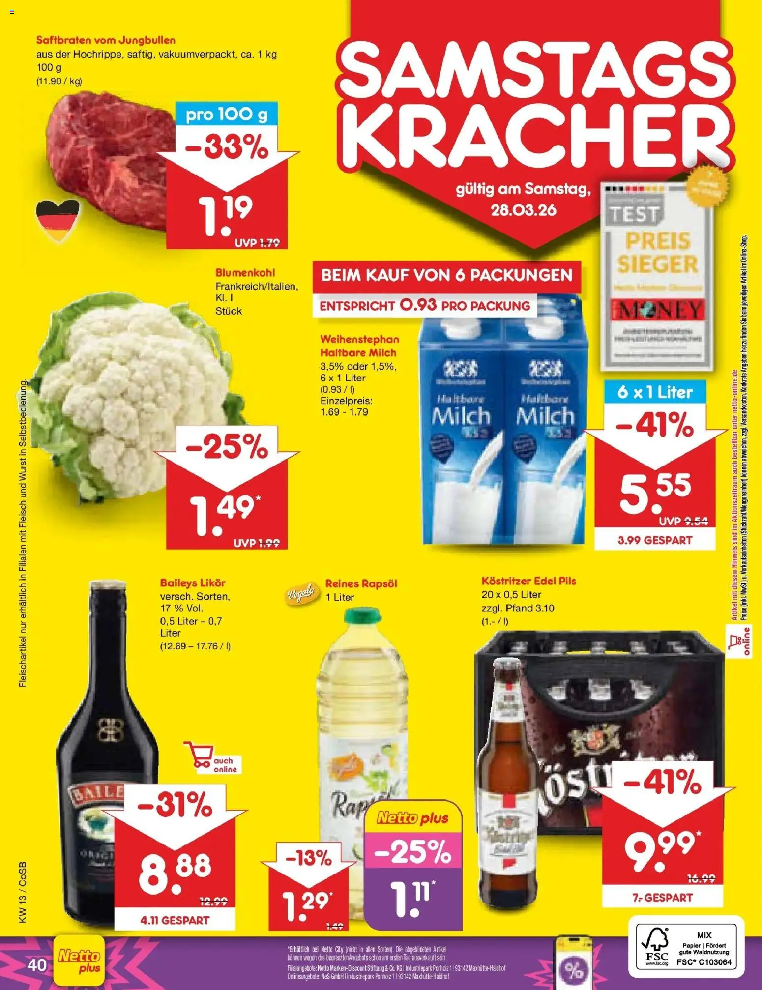 Netto Marken-Discount Prospekt Bitterfeld-Wolfen	 – gültig ab 23.03.2026 | Seite: 56 | Produkte: Likör, Pils, Wurst, Blumenkohl