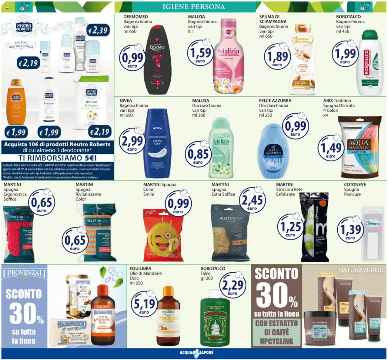 Volantino Acqua e Sapone del 08.09.2025 | Pagina: 6 | Prodotti: Spugna, Talco, Body, Bagno