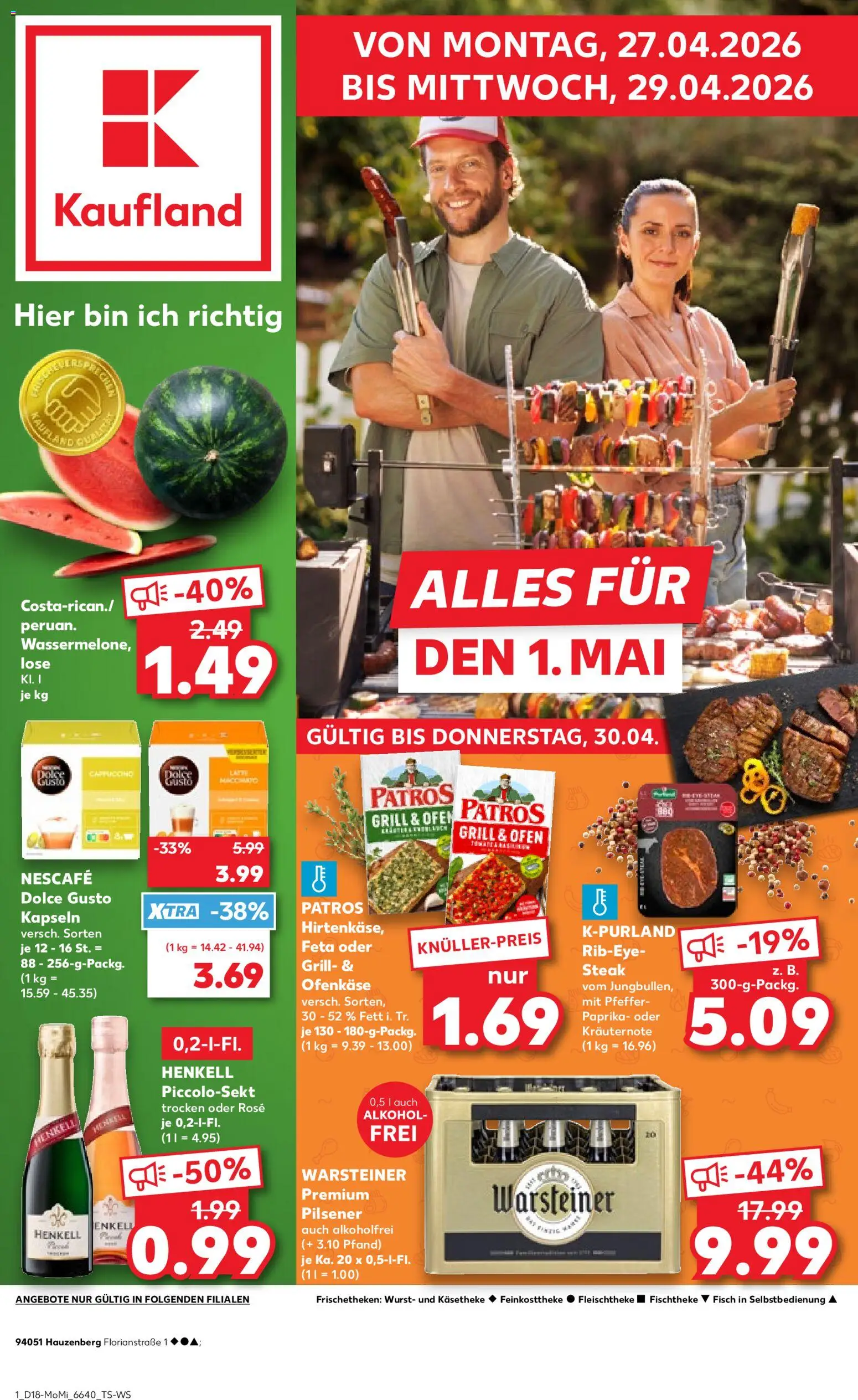 Kaufland Německo leták - Alles für den 1. Mai od 27.04.2026 | Strana: 1 | Produkty: Dolce Gusto, Steak, Paprika, Feta