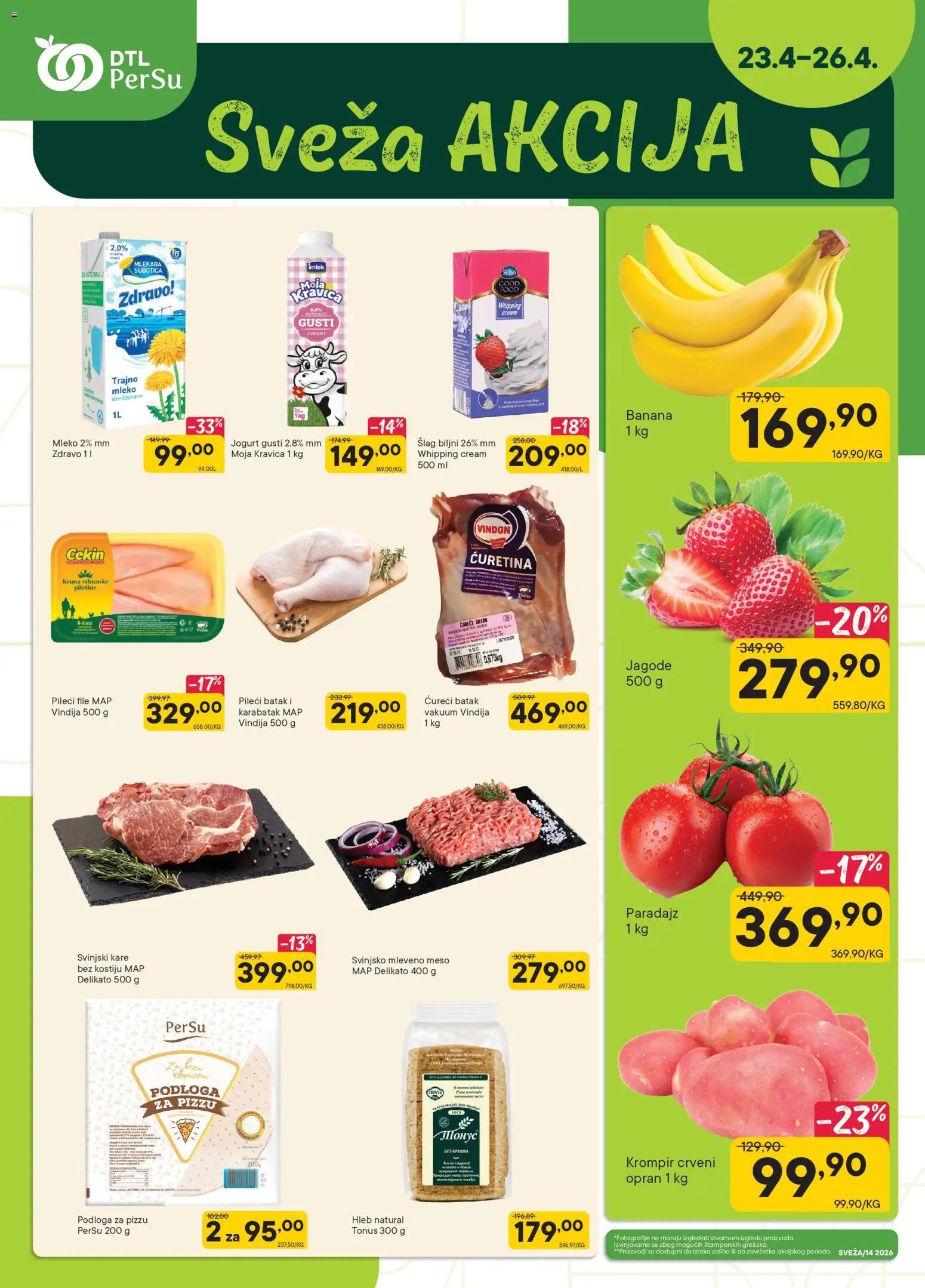 PerSu katalog - važi od 23.04.2026 | Strana: 1 | Proizvode: Banana, Jagode, Svinjsko mleveno meso, Pileći batak